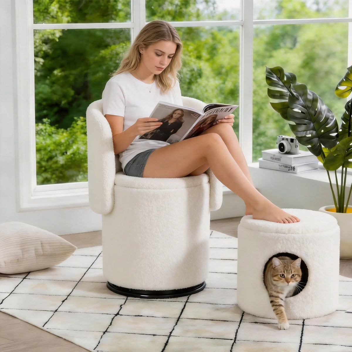 Barrel Chair & Built In Storage, 360° Swivel - Beige Home Essentials