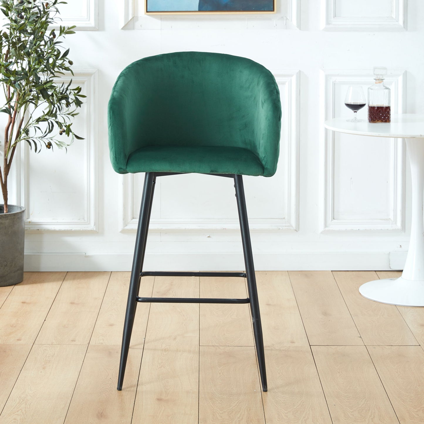 Counter Height Bar Stool, Metal Legs, Velvet Upholstered For Pub, Restaurant, Kitchen Island (Set of 2) - Black / Green Home Essentials