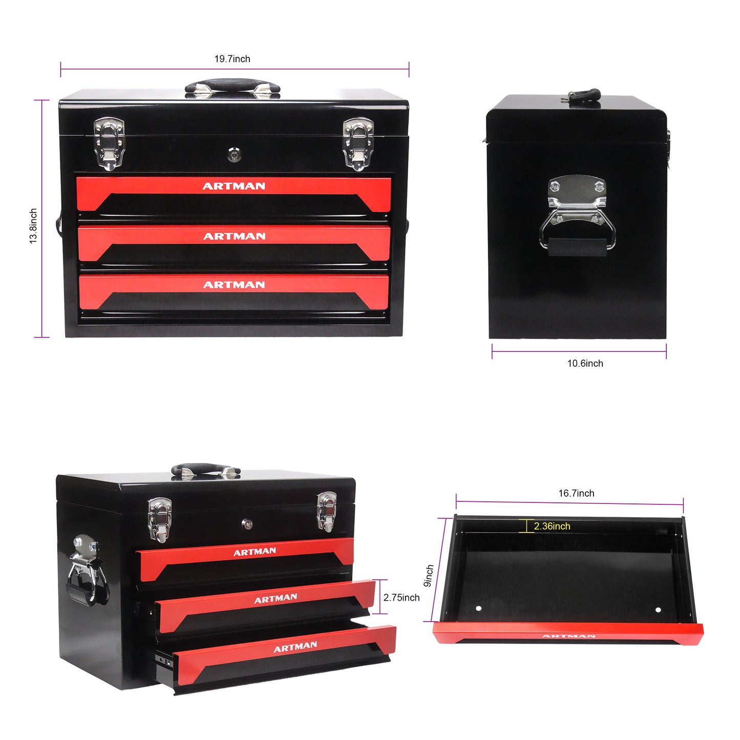 Portable 20" Steel Tool Box With 3 Drawers And Metal Latch Closure - Black / Red Daily Nest