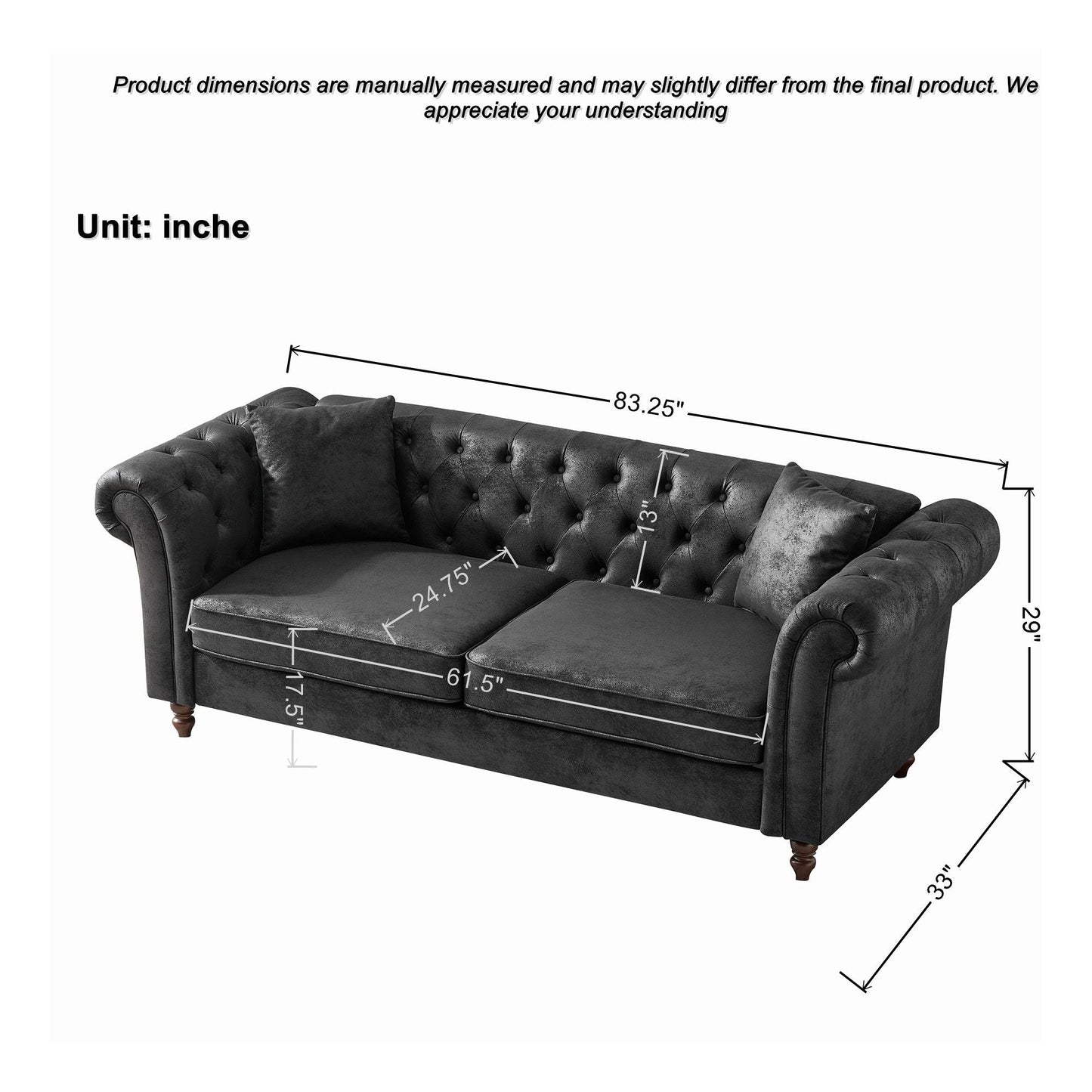 Chesterfield Sofa, High Tech Fabric Roll Armrest, 3 Seater Couch - Black Home Essentials