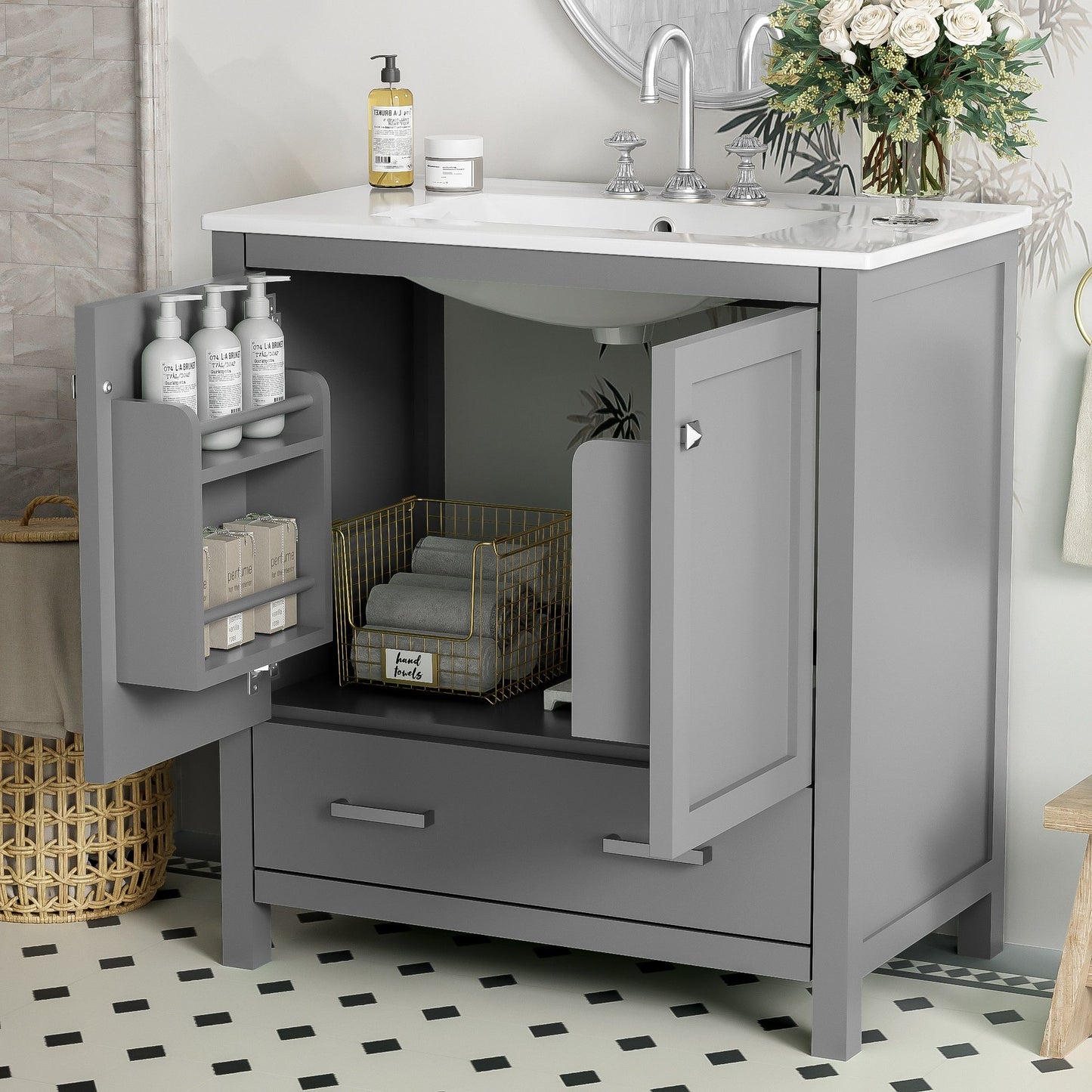 Bathroom Vanity With Single Sink, Combo Cabinet Undermount Sink, Bathroom Storage Cabinet With Two Doors And A Drawer, Soft Closing, Multifunctional Storage, Solid Wood Frame Hearth and Haven
