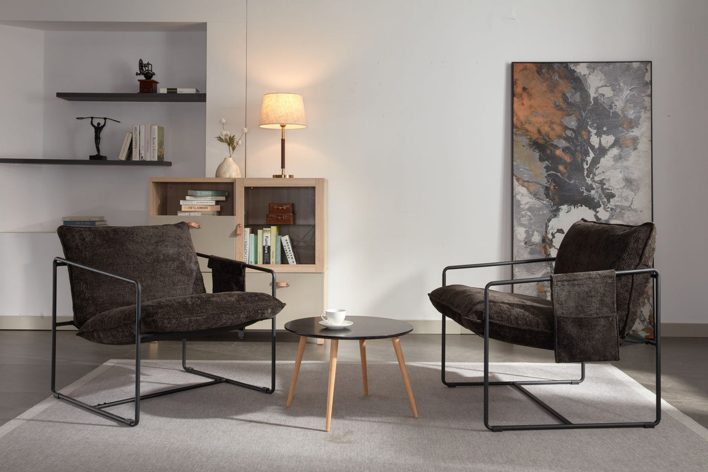 Upholstered Hanging Armchair With Arm Pocket Metal Frame (Set of 2), Crushed Foam Cushions And Skin-Friendly Braid For Living Room And Bedroom Home Essentials