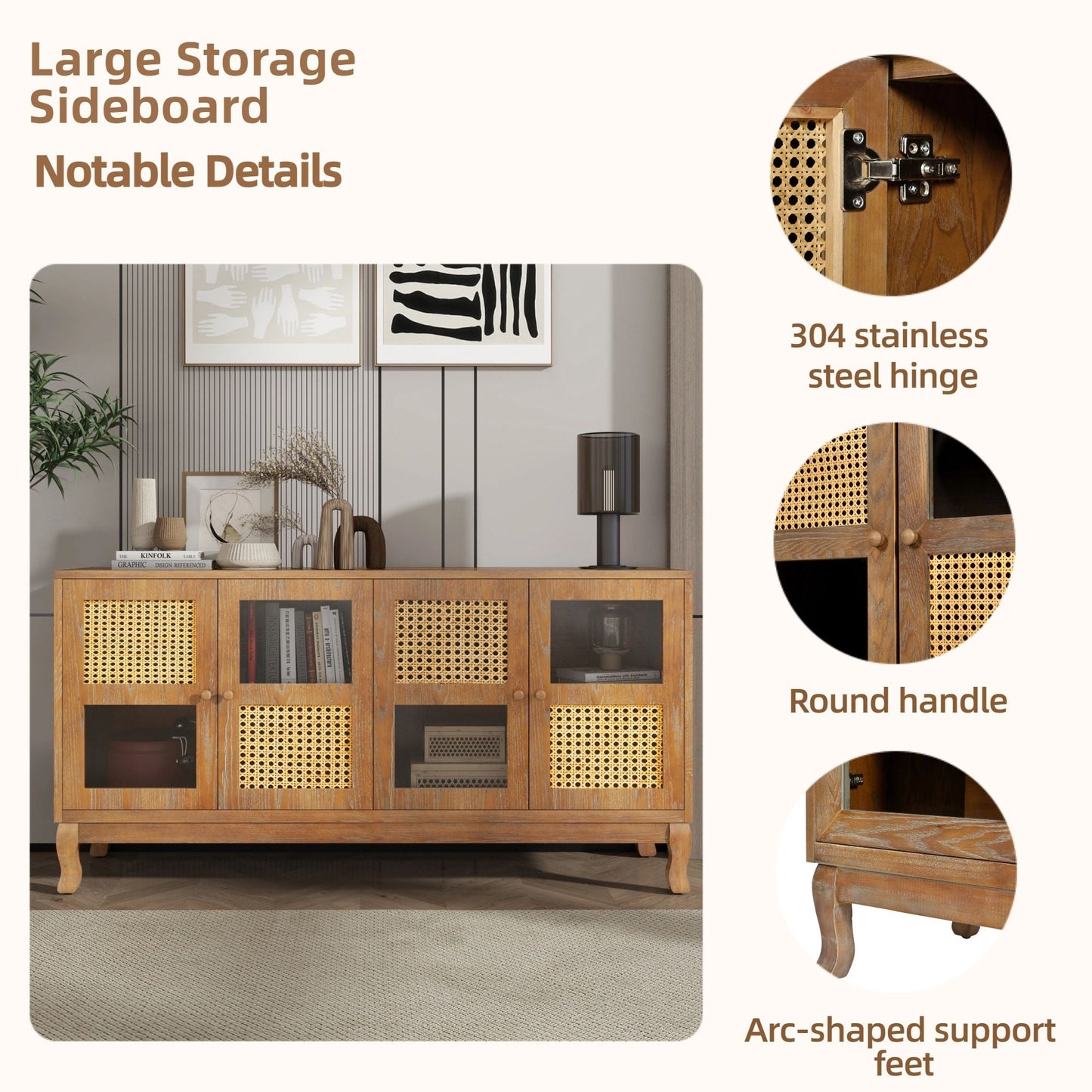 Retro Industrial 4 Door Sideboard With Large Storage, Rattan And Glass Doors Home Essentials