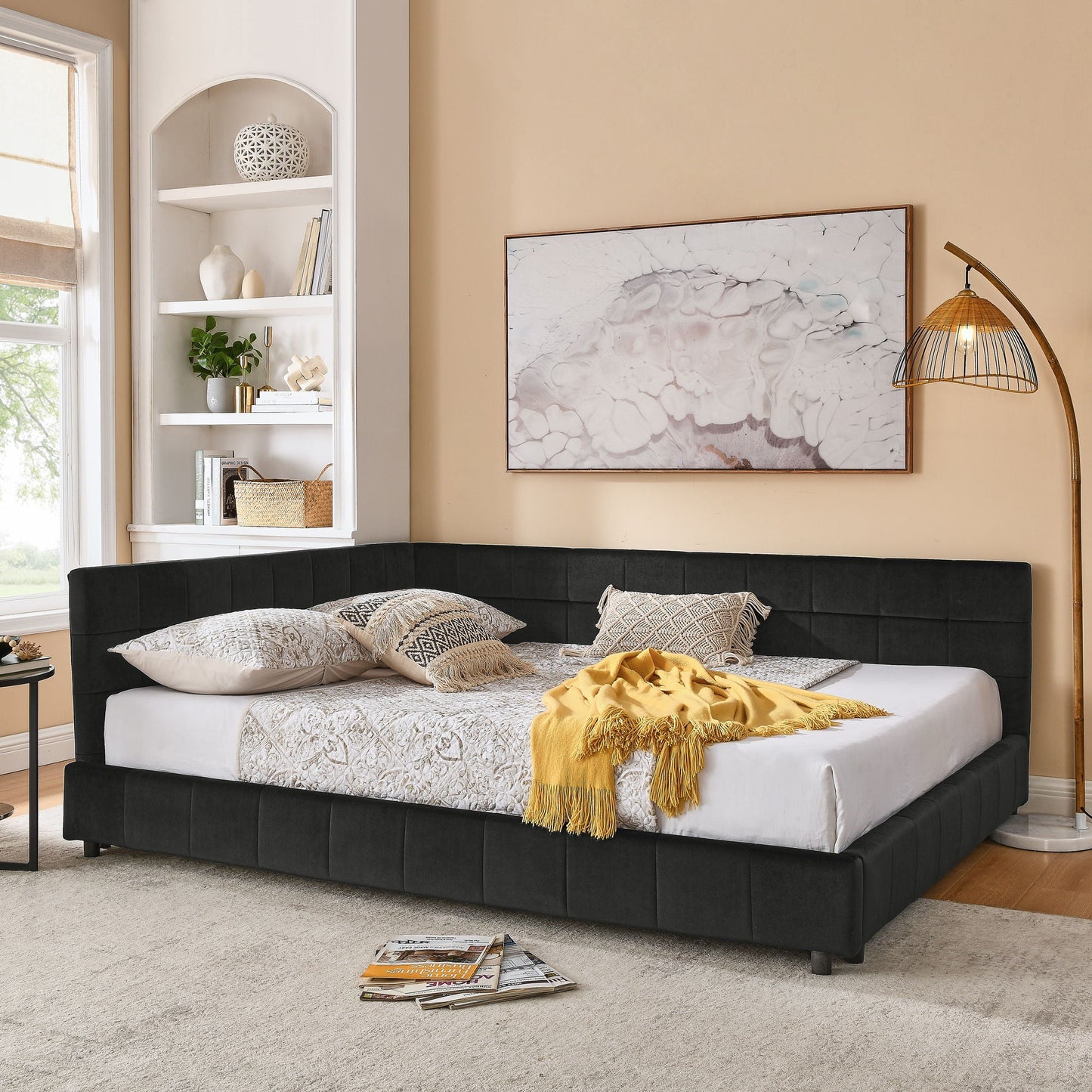 Mid-Century Storage Upholstered Tufted Bed Frame With Backrest And Armrests Home Essentials