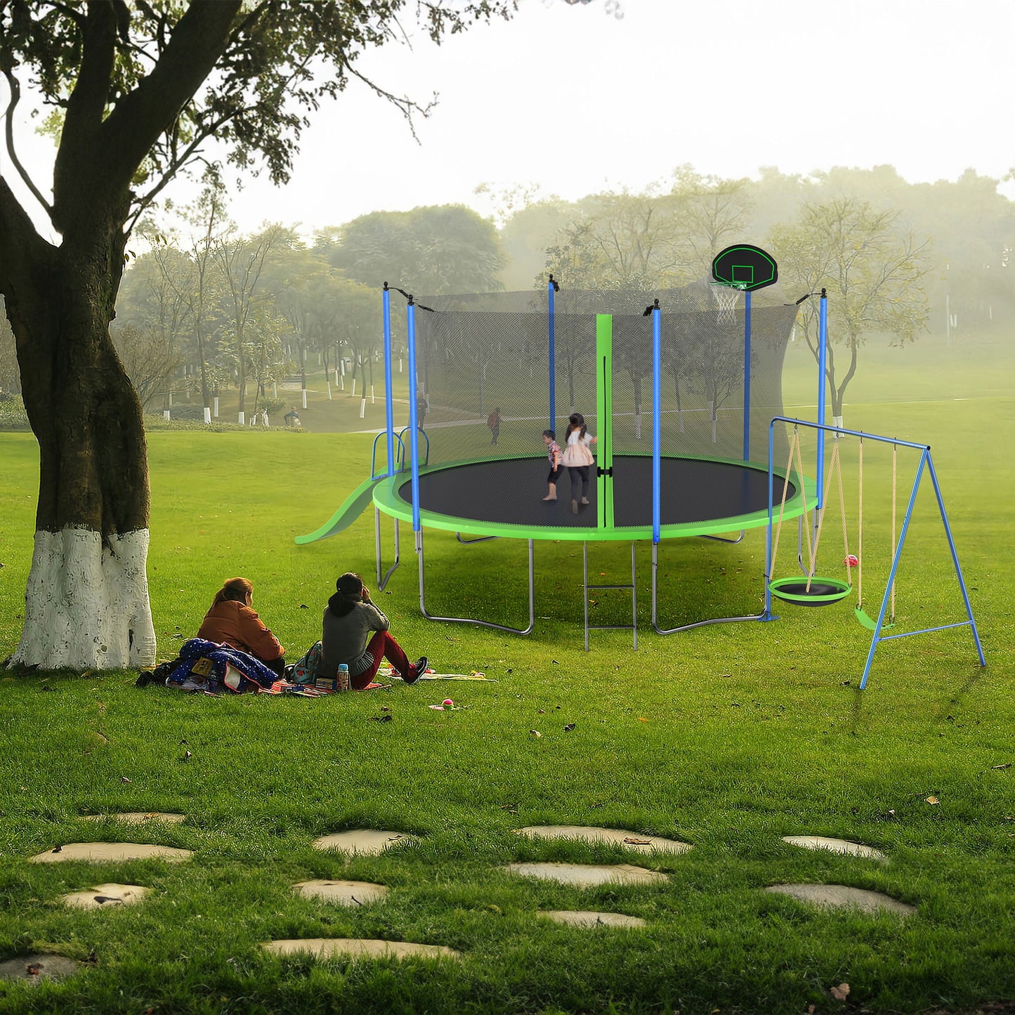 14Ft Trampoline With Slide And Swings, Astm Approved Large Recreational Trampoline With Basketball Hoop And Ladder, Outdoor Backyard Trampoline With Net, Capacity For Kids And Adults - Green / Blue Daily Nest