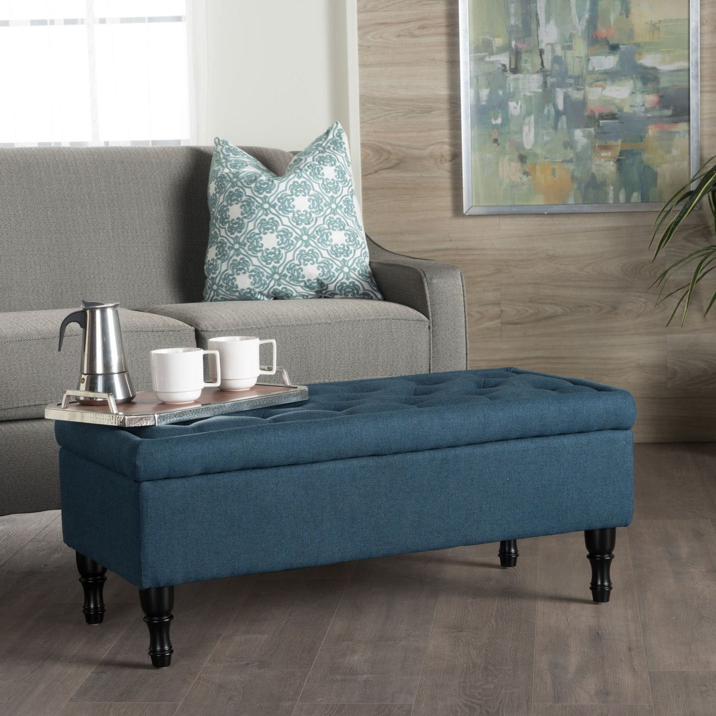 Hyatt - Suede Storage Ottoman With Tufted Top And Dark Wooden Legs - Navy Blue Noble House