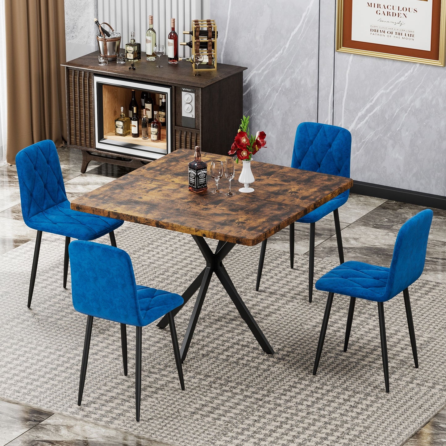 Mid Century Modern Square Dining Table Set With Faux Marble Tabletop And Iron Legs For 4, Space Saving Design - Brown / Blue Home Essentials