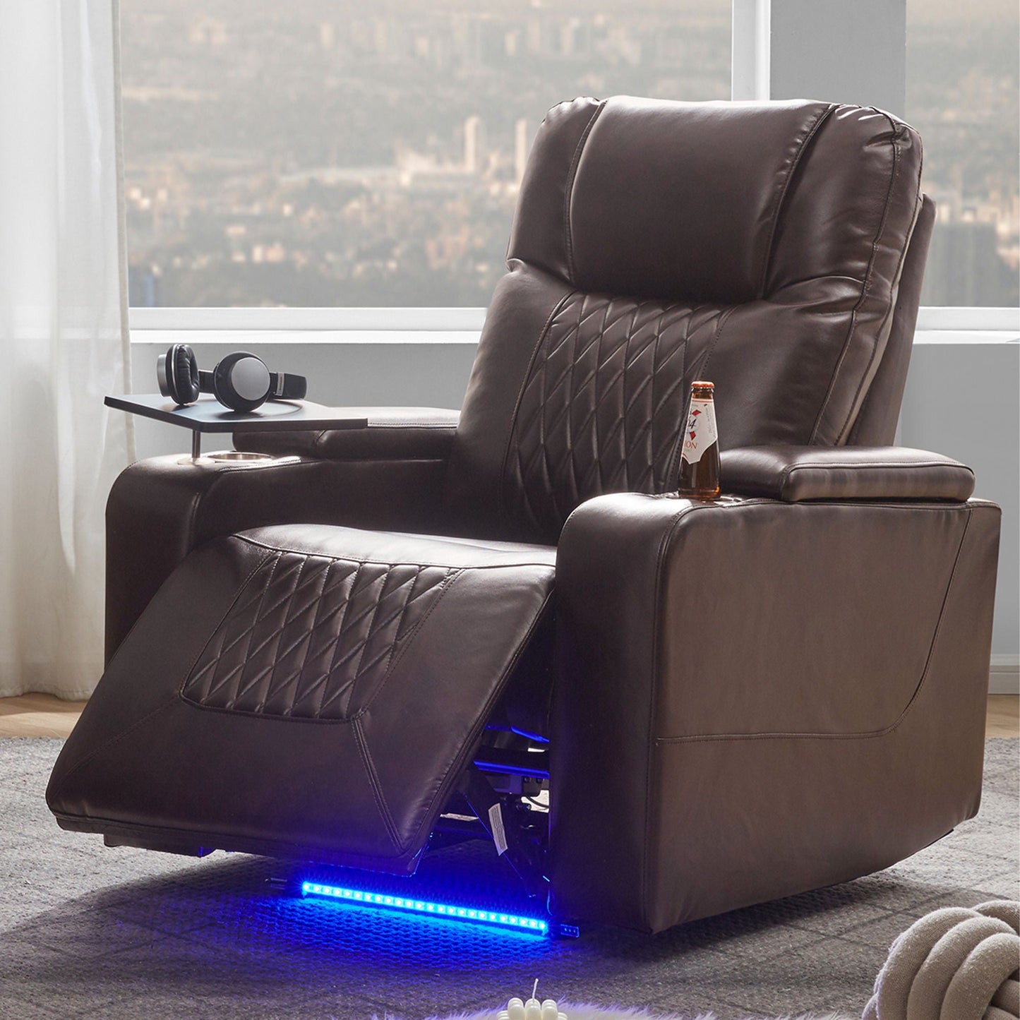 Power Motion Recliner With USB Charging Port And Hidden Arm Storage 2 Convenient Cup Holders Design And 360 Degree Swivel Tray Table Hearth and Haven