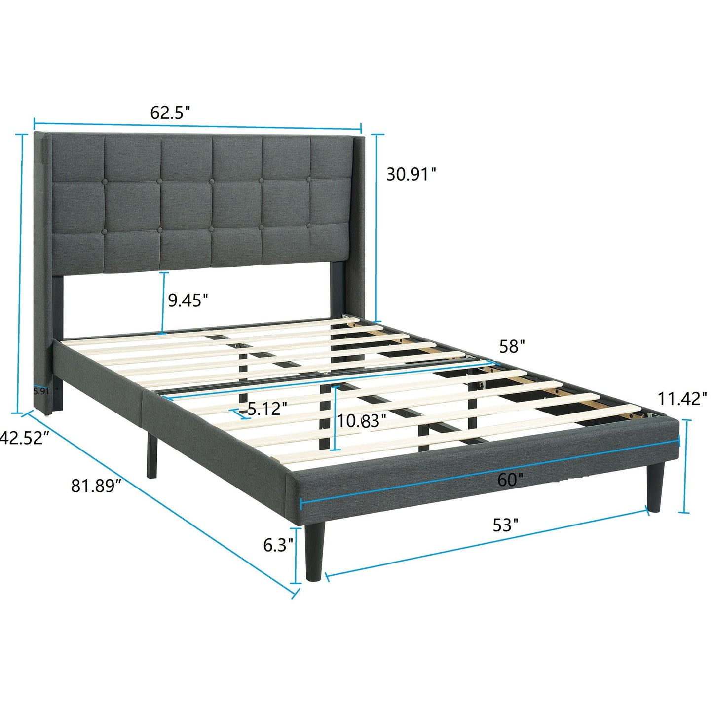 Queen Size Upholstered Platform Bed Frame With Button Tufted Linen Fabric Headboard - Dark Gray Home Essentials