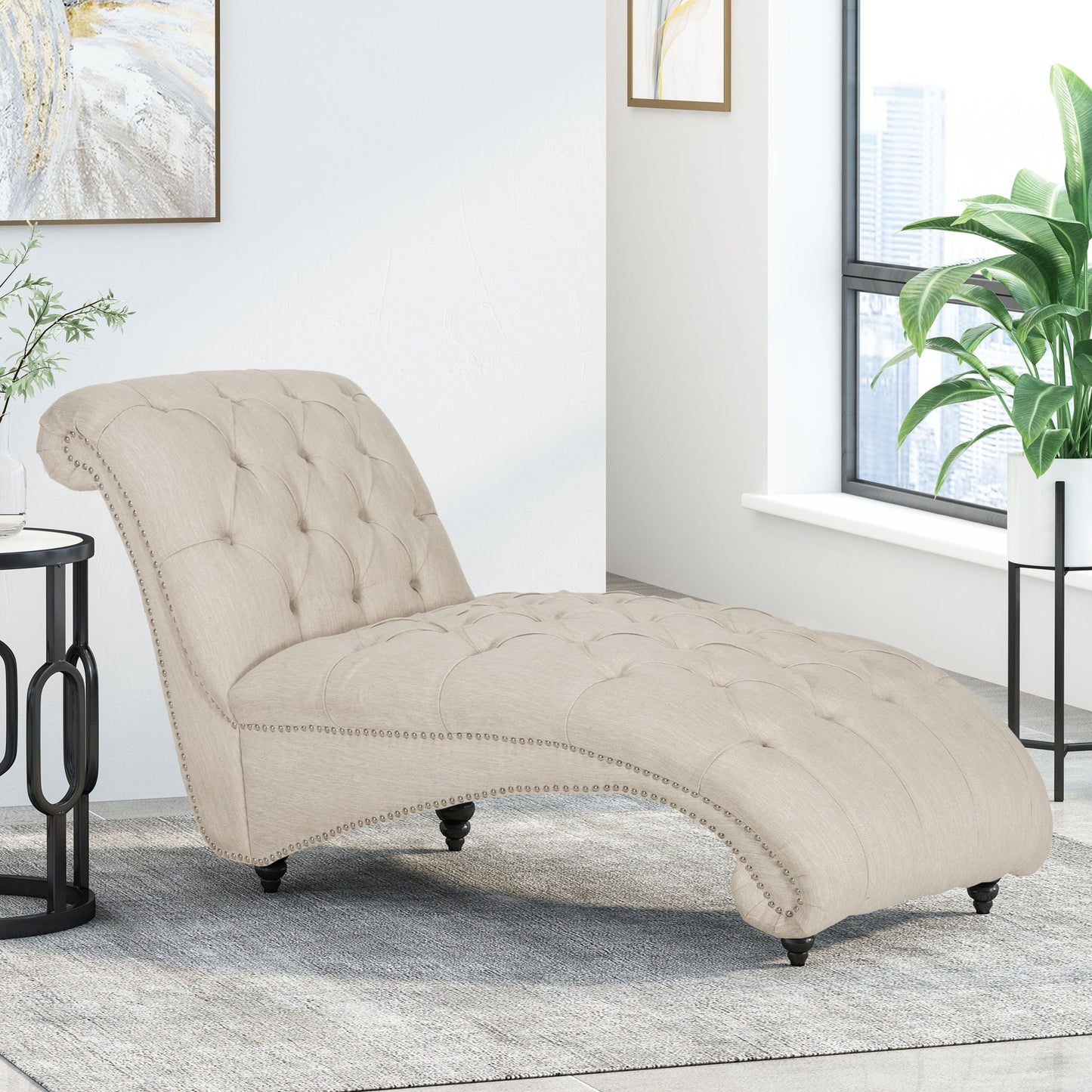 Chaise Lounge With Button Tufted Diamon Stitch - Beige Noble House