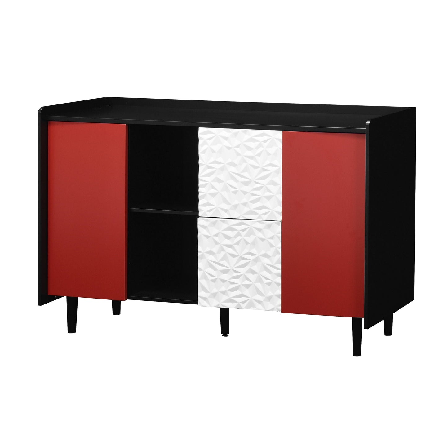 Modern Sideboard Buffet Cabinet With Red Doors And Unique Panel Styling Home Essentials