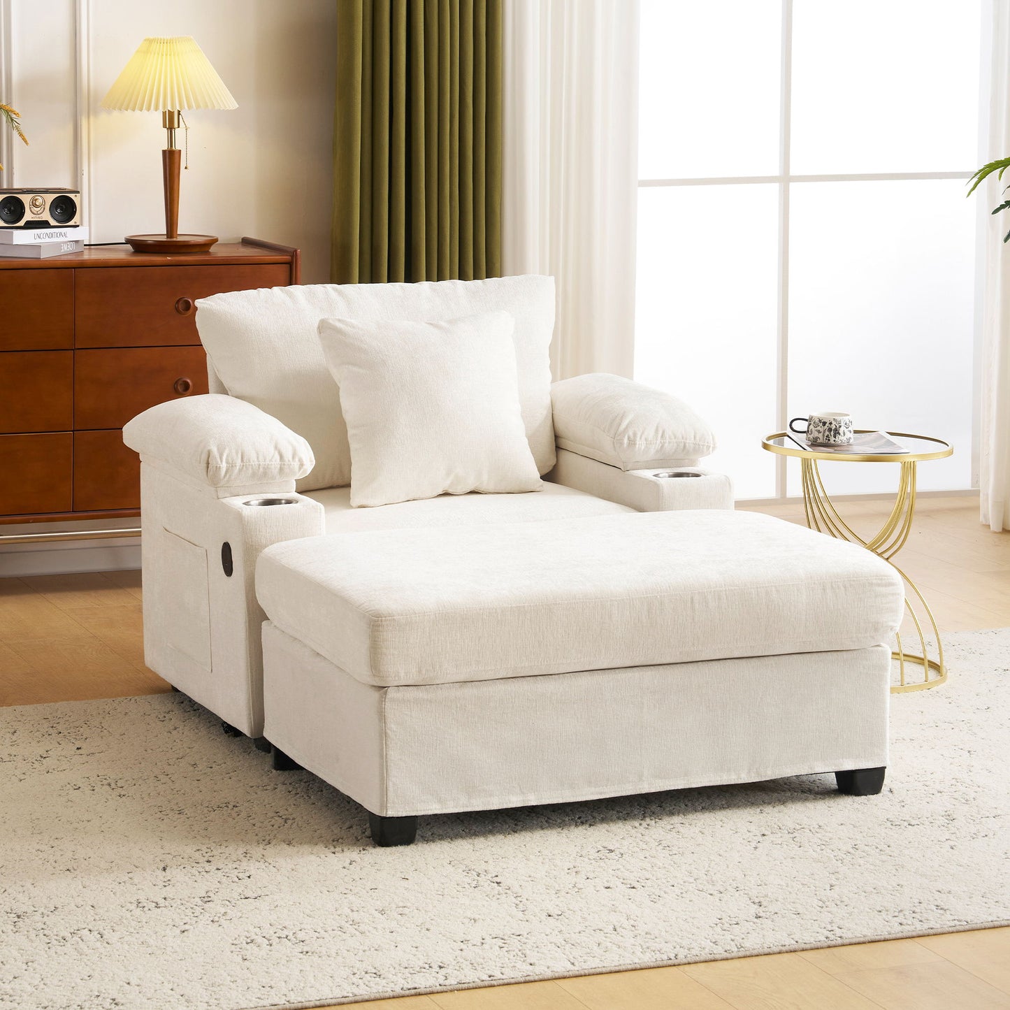 Chenille Fabric Sofa Bed With Cupholders And USB Charging Ports Chair For Living Room Home Essentials