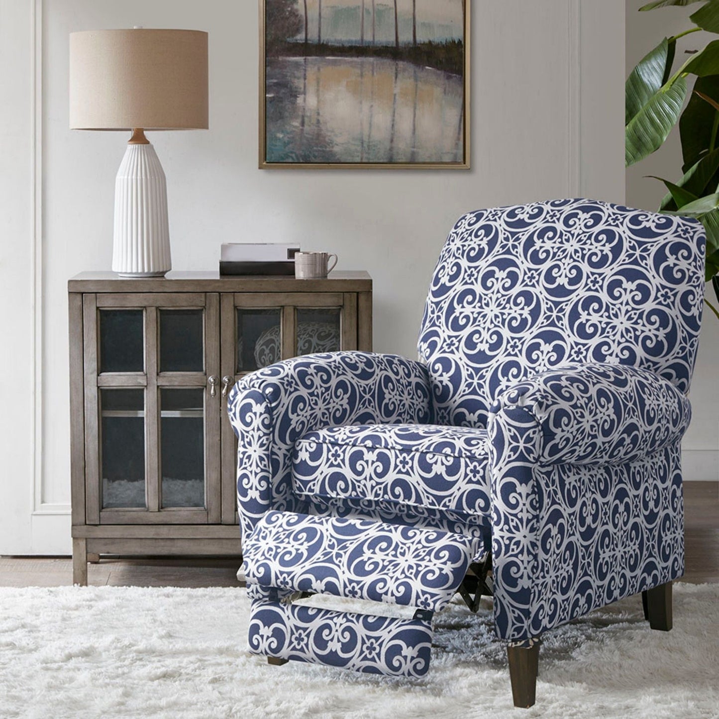 Push Back Recliner Chair With Fretwork Pattern And Solid Wood Legs - Multicolor JLA