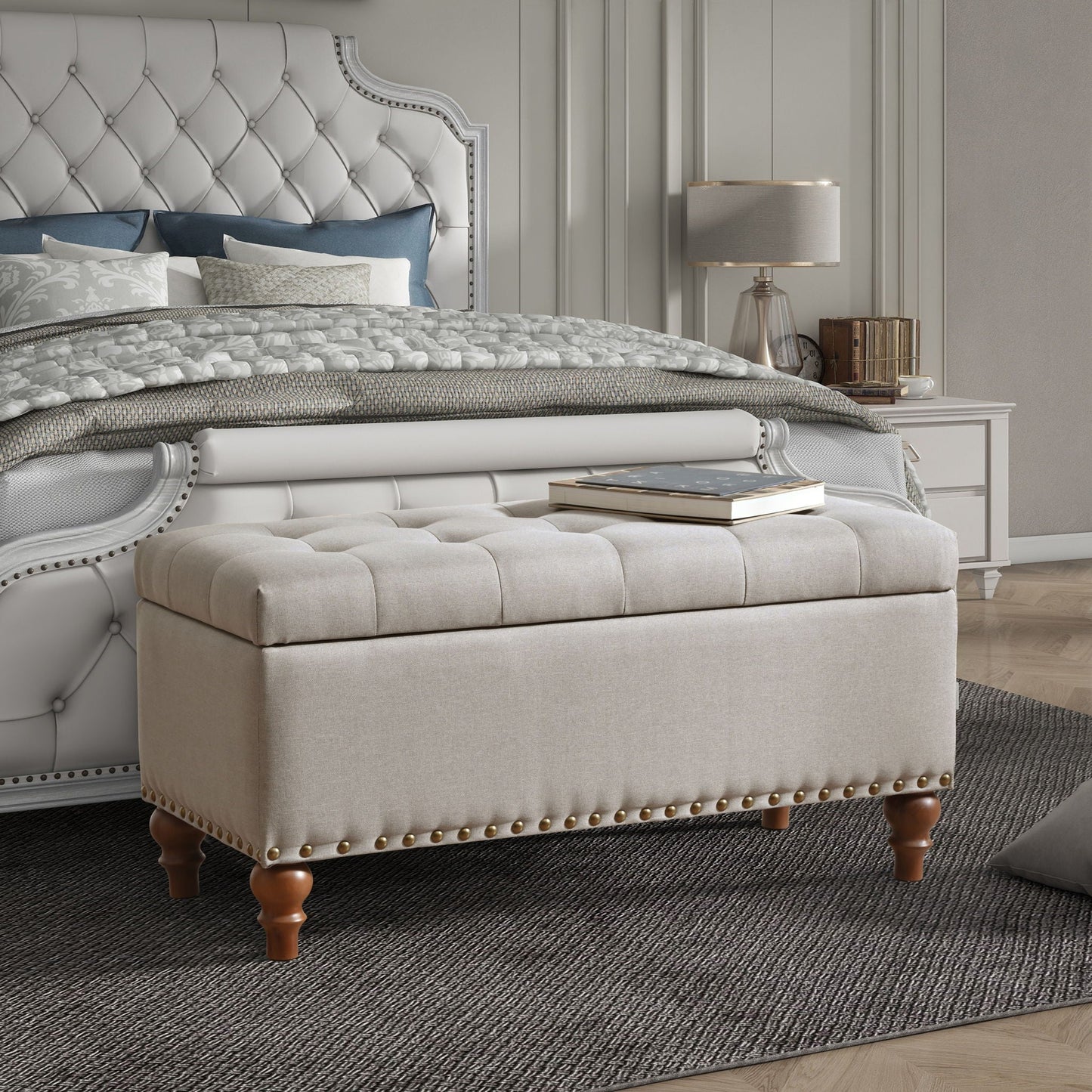 Upholstered Ottoman With Storage And Rivet Trim Home Essentials