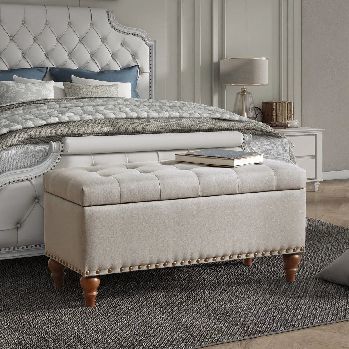 Upholstered Ottoman With Storage And Rivet Trim Home Essentials