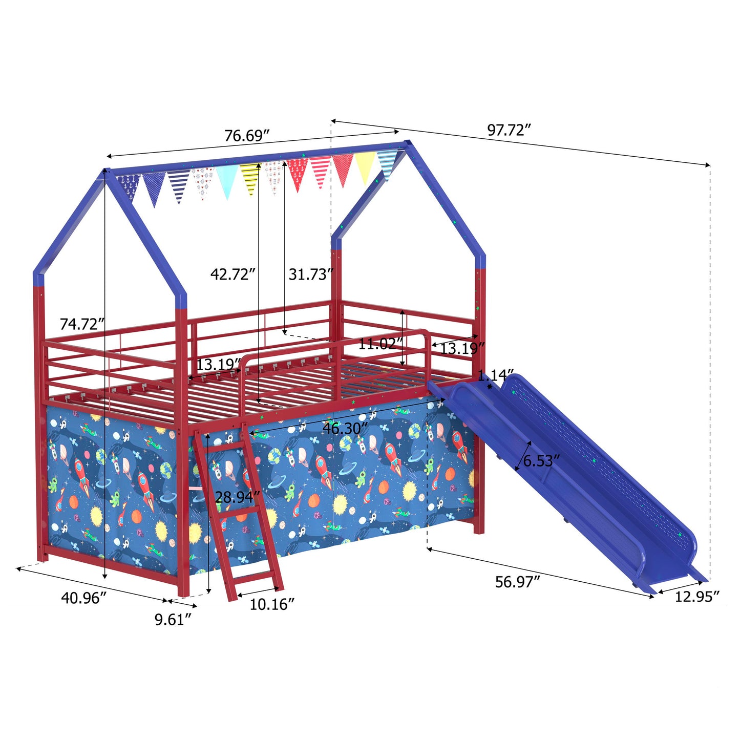 Jack - House Loft Bed With Slide And Curtain Set House & Home Furniture