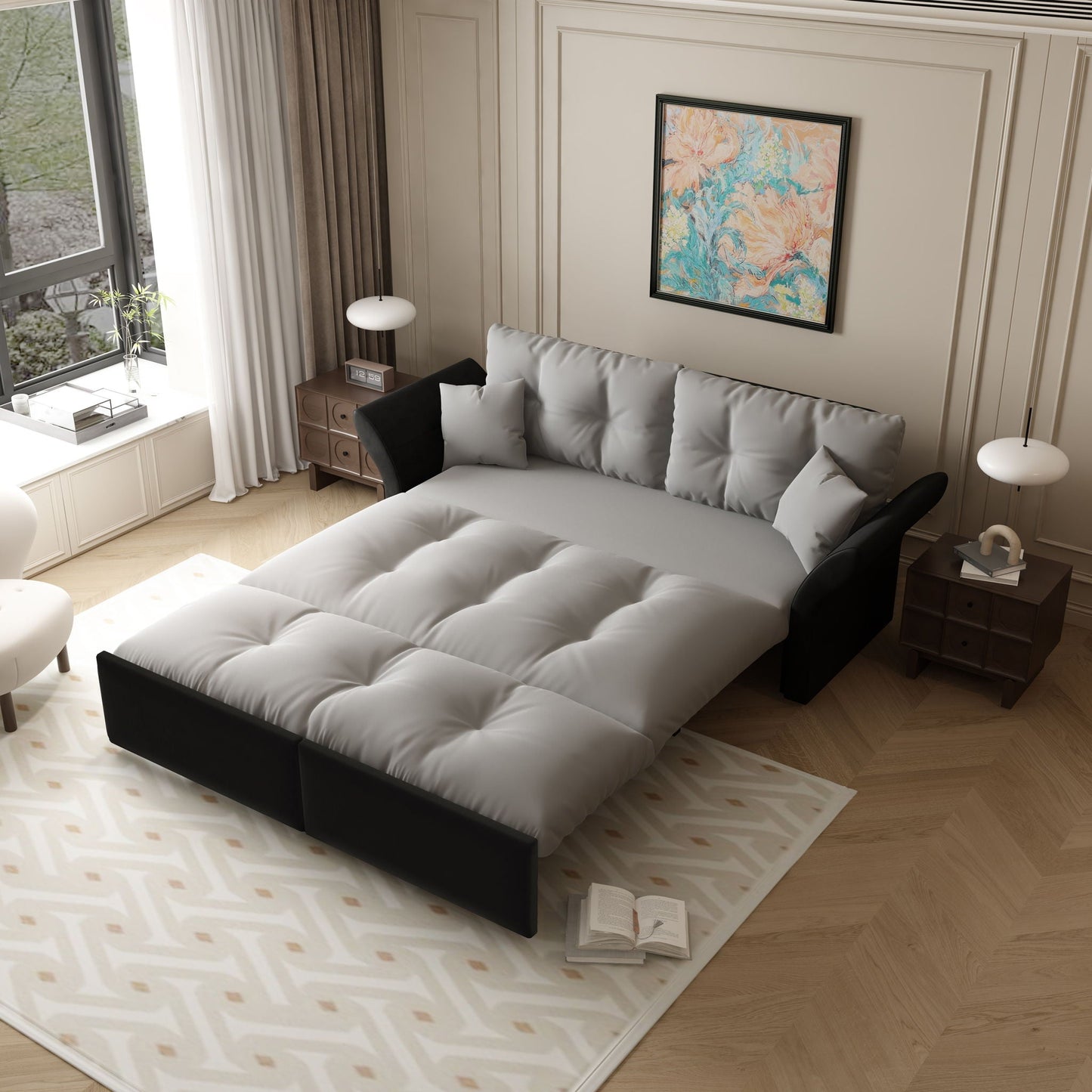 Queen Pull Out Sofa Bed, 3 In 1 Convertible Sleeper Tufted With 2 Soft Pillows Home Essentials