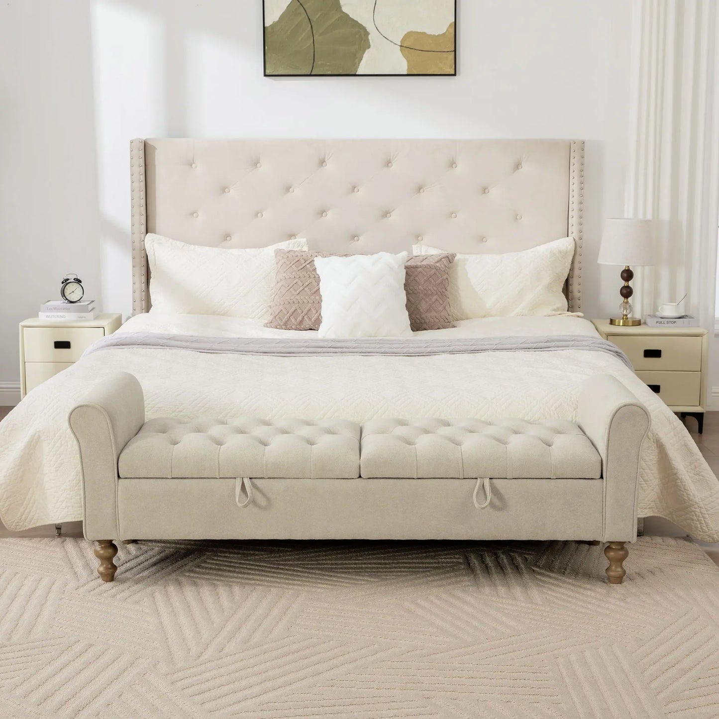 Napped Storage Bench With Rolled Armrest - Griege Home Essentials