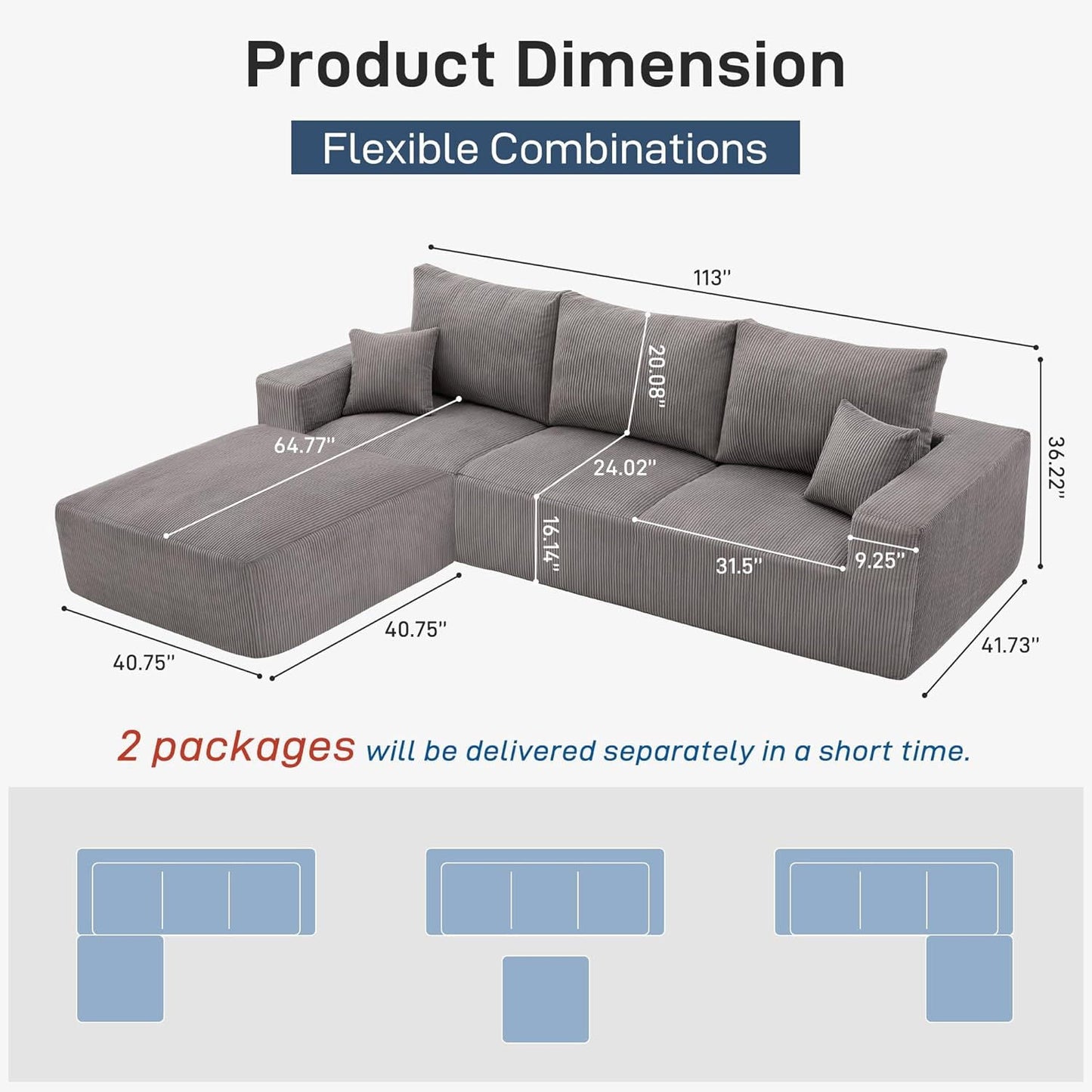 Modular Sectional Sofa With Ottoman, USB And Type C Charger, Petal Armrest Design - Snoozhouse