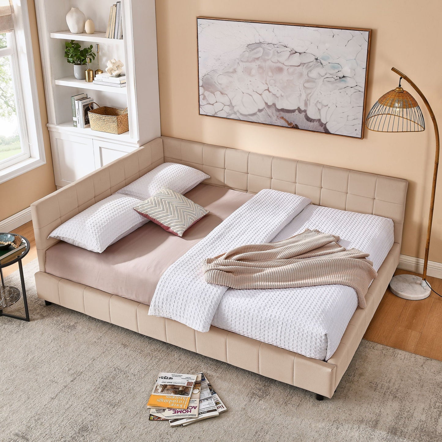 Mid-Century Storage Upholstered Tufted Bed Frame With Backrest And Armrests Home Essentials