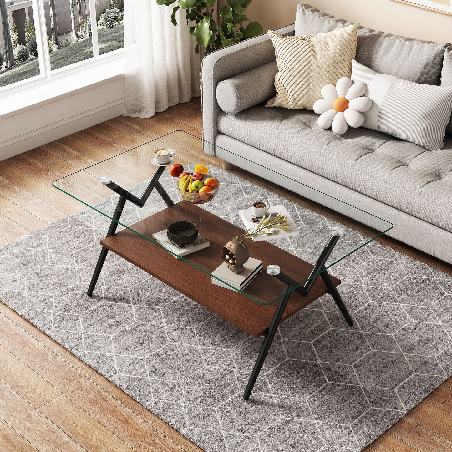 Rectangle Coffee Table With Tempered Glass Top And Shelf, Modern Table For Living Room Home Essentials