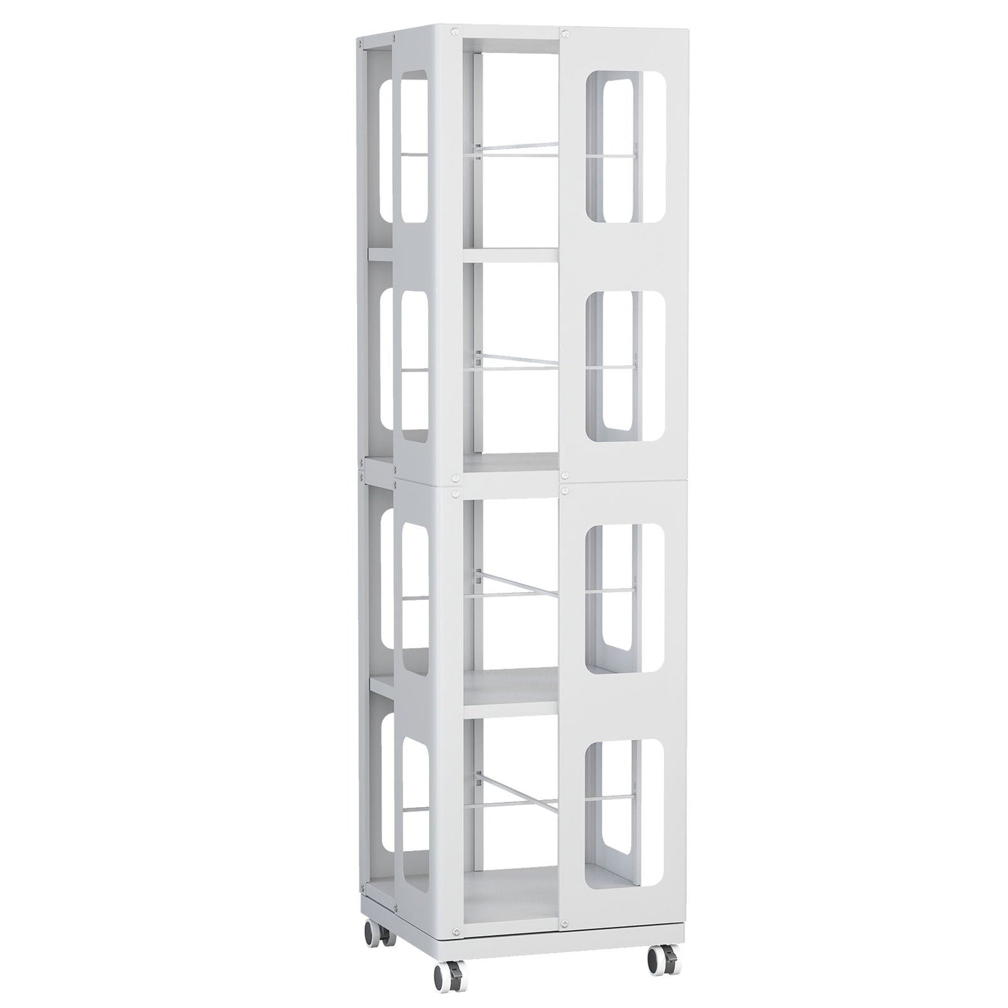 4 Tier All Steel Rotating Bookshelf With 360° Wheels, Large Size Sturdy & Spacious Book Rack, New Style Bookshelf - White Home Essentials