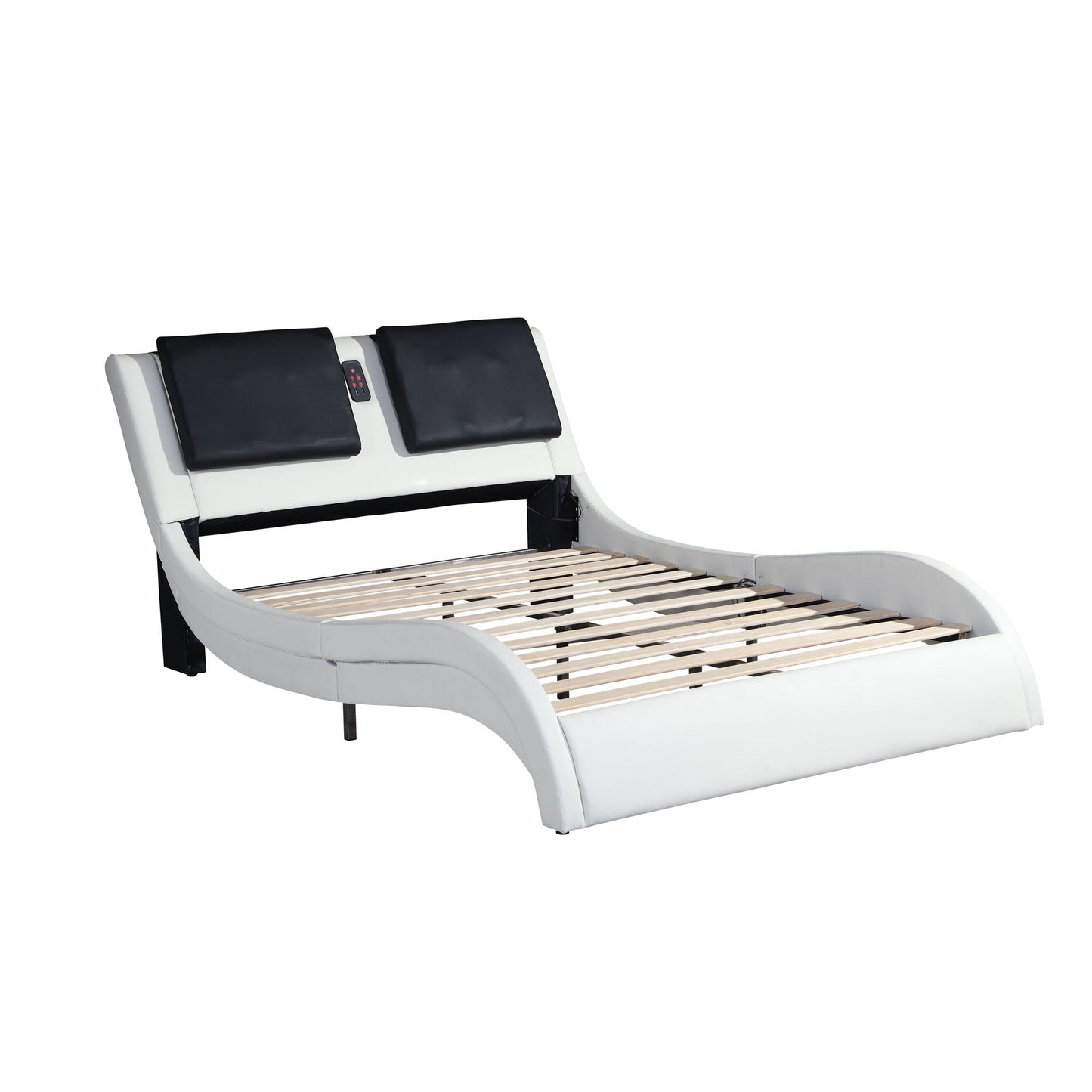 Upholstered Platform Bed Frame With LED Lighting, Bluetooth Connection To Play Music Control, Backrest Vibration Massage, Curve Design, Wood Slat Support, Exhibited Speakers Home Essentials