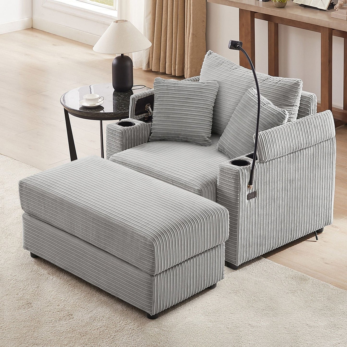 Single Sofa Couch With Storage Space, Movable Ottoman, USB Ports, Cup Holders, Phone Holder Hearth and Haven