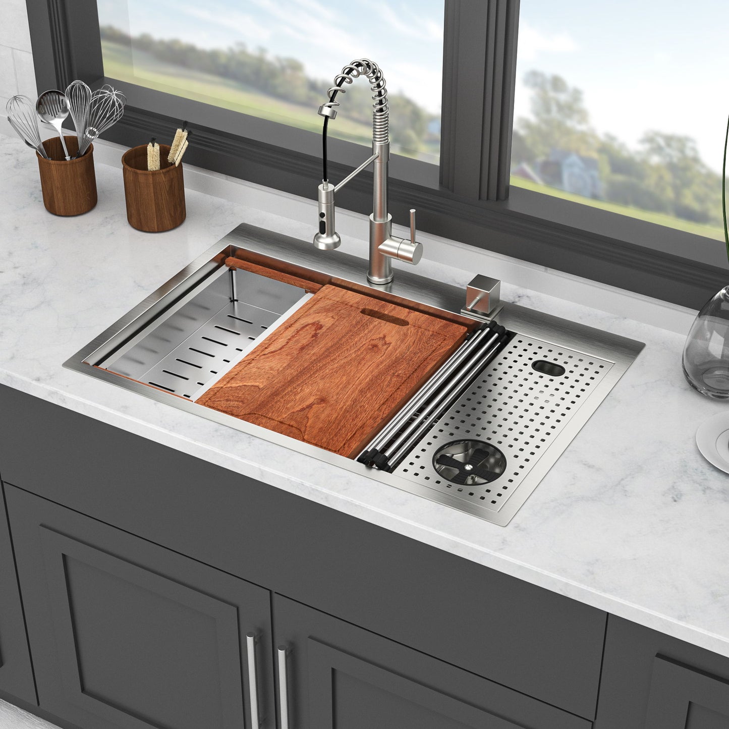 Single Bowl Workstation Kitchen Sink With Cup Washer 16 Gauge Stainless Steel - Black / Gray Daily Nest
