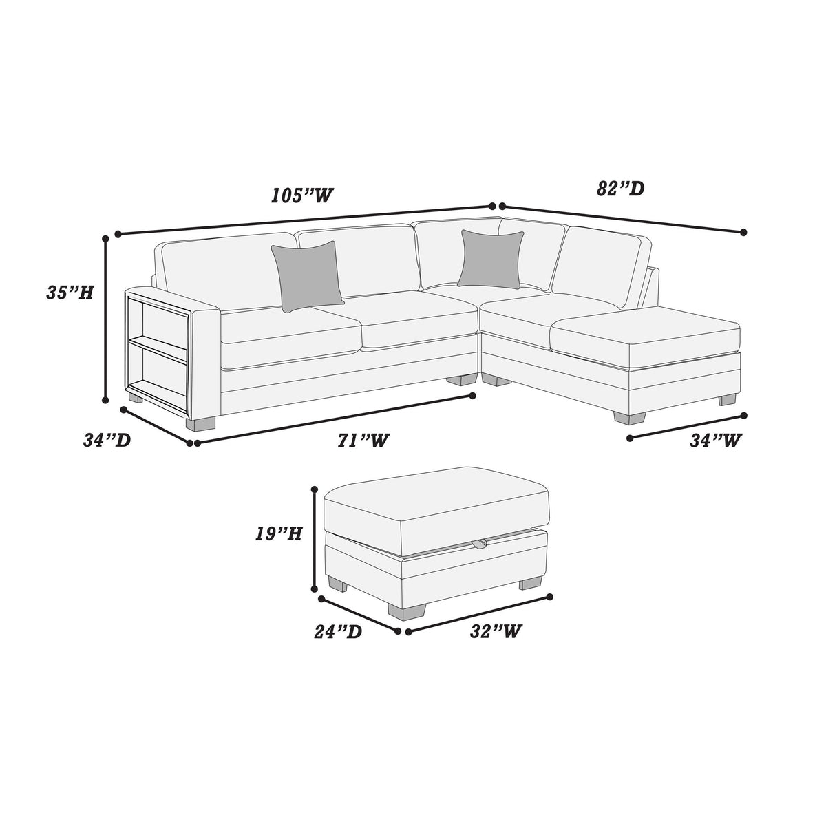 Reversible Sectional Sofa With Built In Shelf And Storage Ottoman, L - Shaped Living Room Furniture Home Essentials