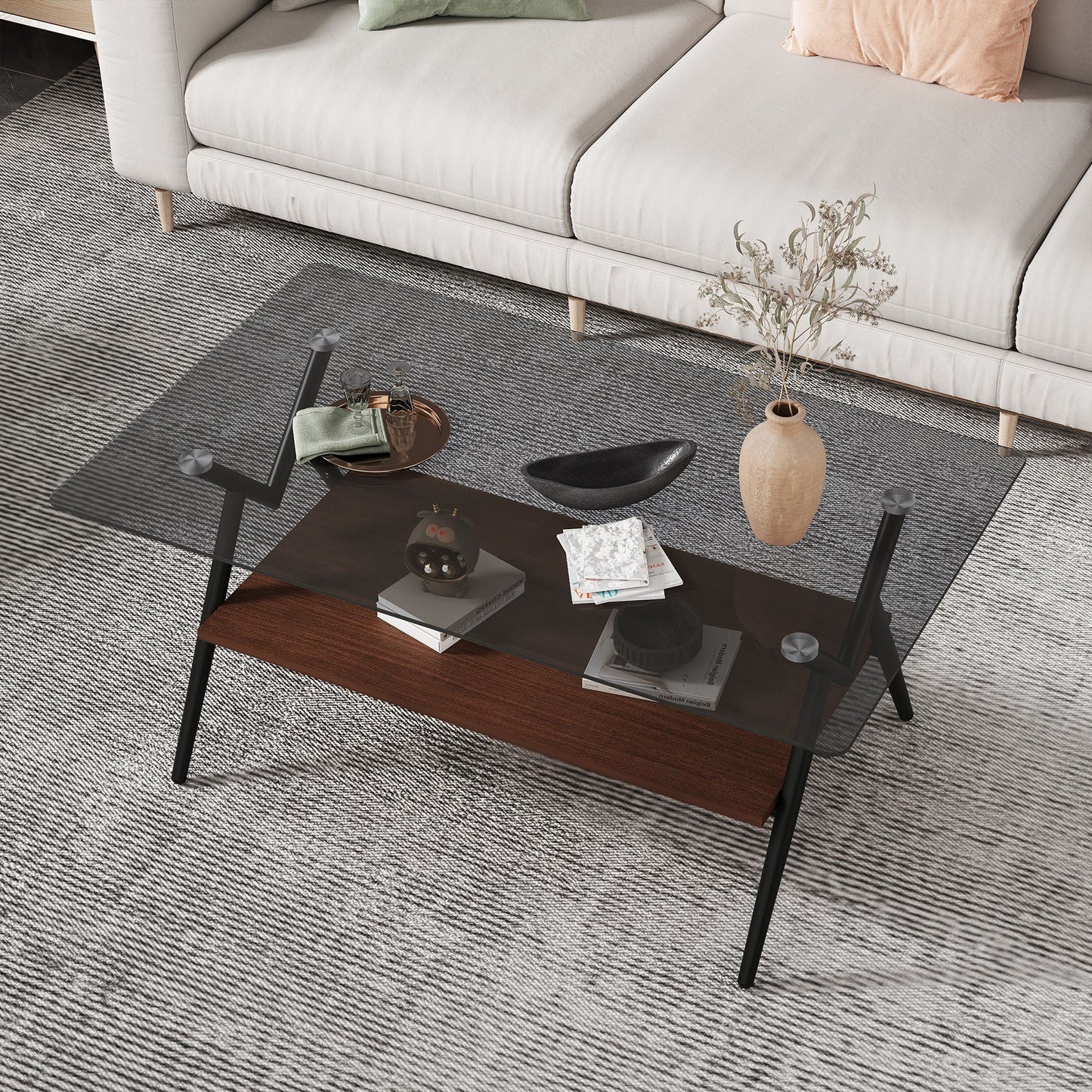 Rectangle Coffee Table With Tempered Glass Top And MDF Shelf, Modern Table For Living Room Home Essentials