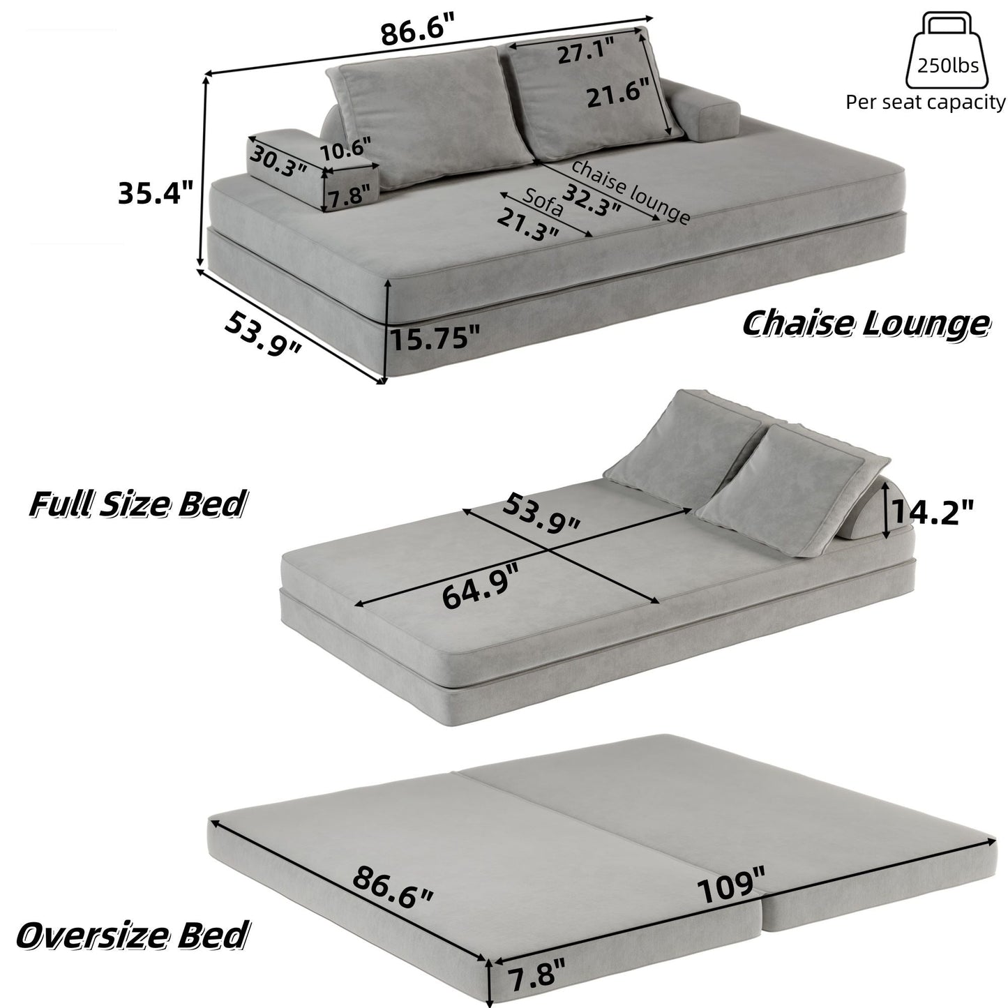 Multifunctional Convertible Sofa Bed With 2 Tumbler Backrests And 2 Pillows, Deep Seat Couch Home Essentials