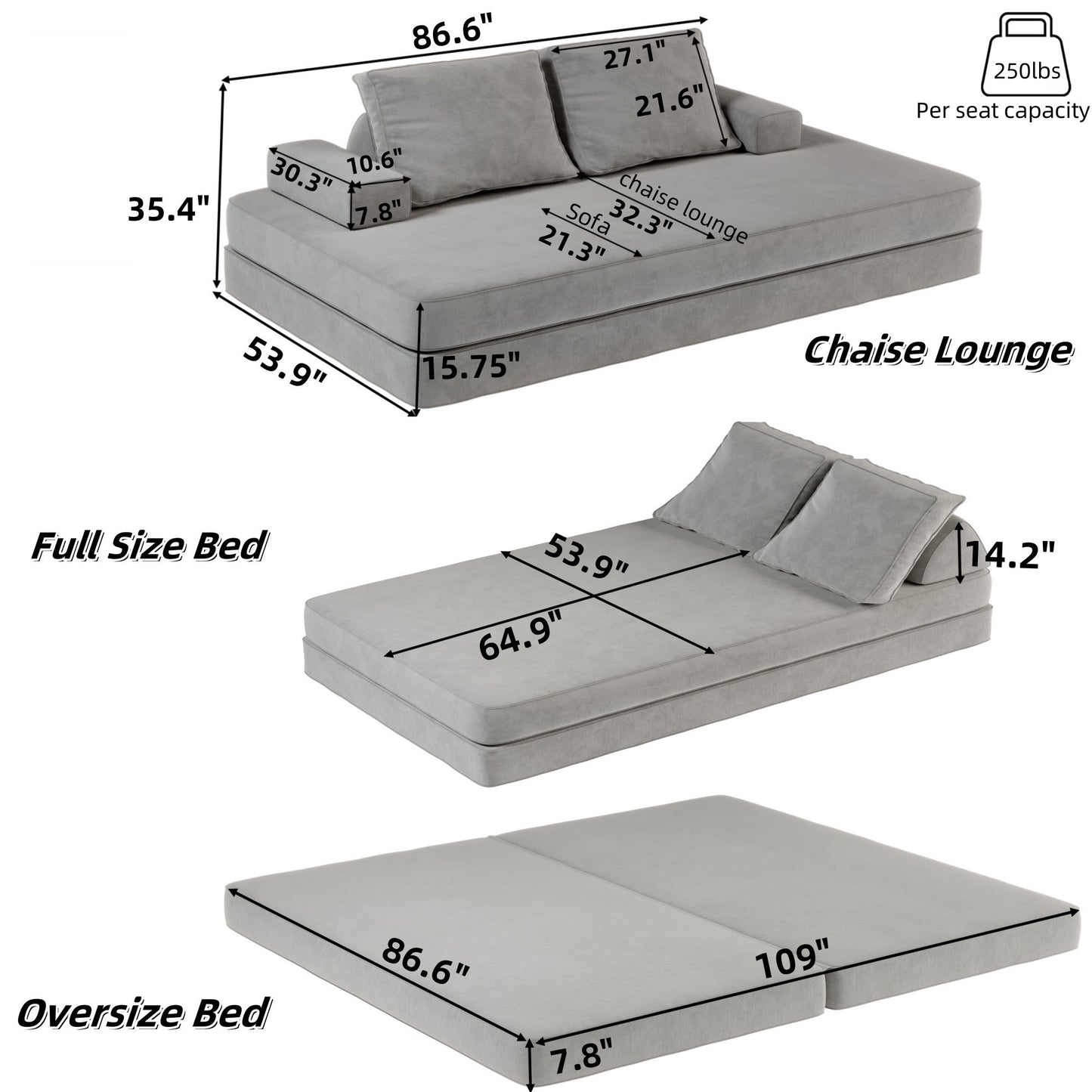 Multifunctional Convertible Sofa Bed With 2 Tumbler Backrests And 2 Pillows, Deep Seat Couch Home Essentials