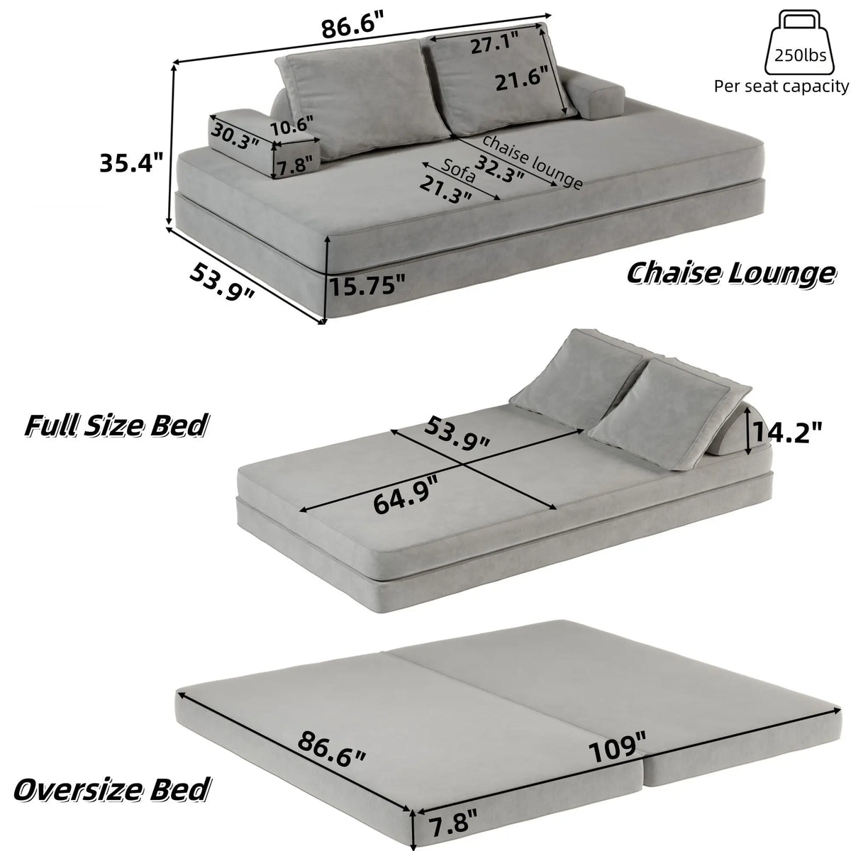 Multifunctional Convertible Sofa Bed With 2 Tumbler Backrests And 2 Pillows, Deep Seat Couch Home Essentials
