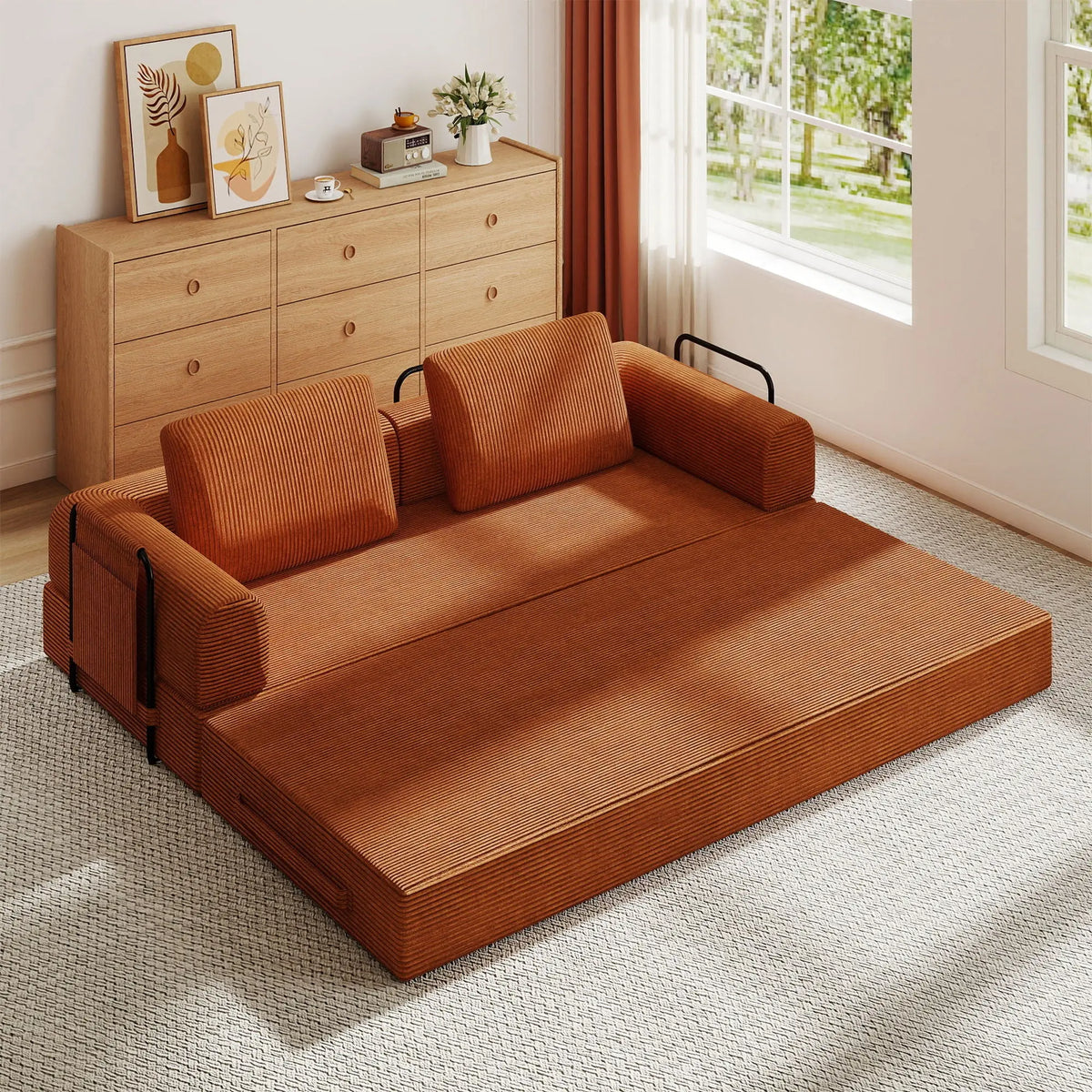 Convertible Sleeper Sofa Bed With Cylindrical Pillow, Fixed Shape Frame Home Essentials