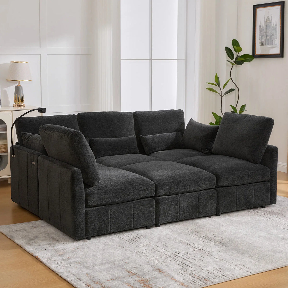 Modern Modular U-Shaped Sofa Bed With Movable Ottoman, USB Ports, Phone Holder Hearth and Haven