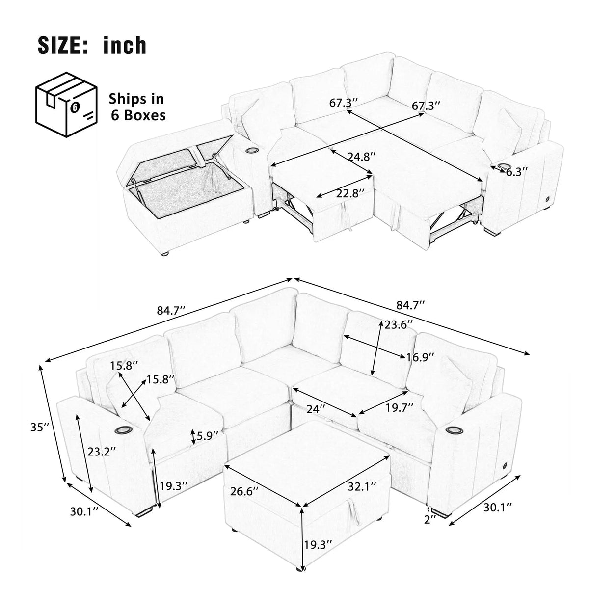 Sectional Sofa Convertible Pull-Out Sofa Bed With A Movable Storage Ottoman For Living Room Hearth and Haven