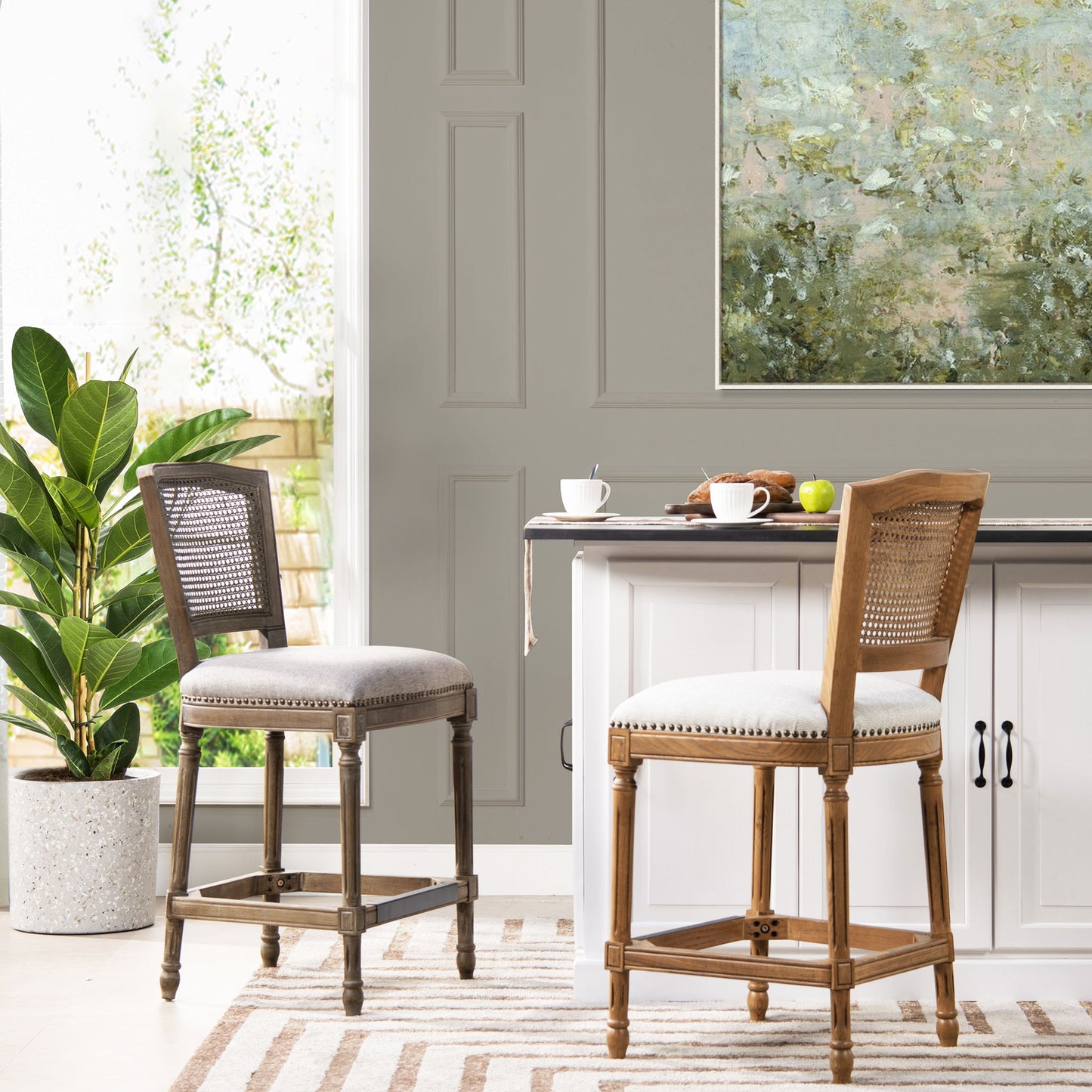 Triomphe - Rattan Wicker High Back Armless Counter Bar Stool Jennifer Taylor Home