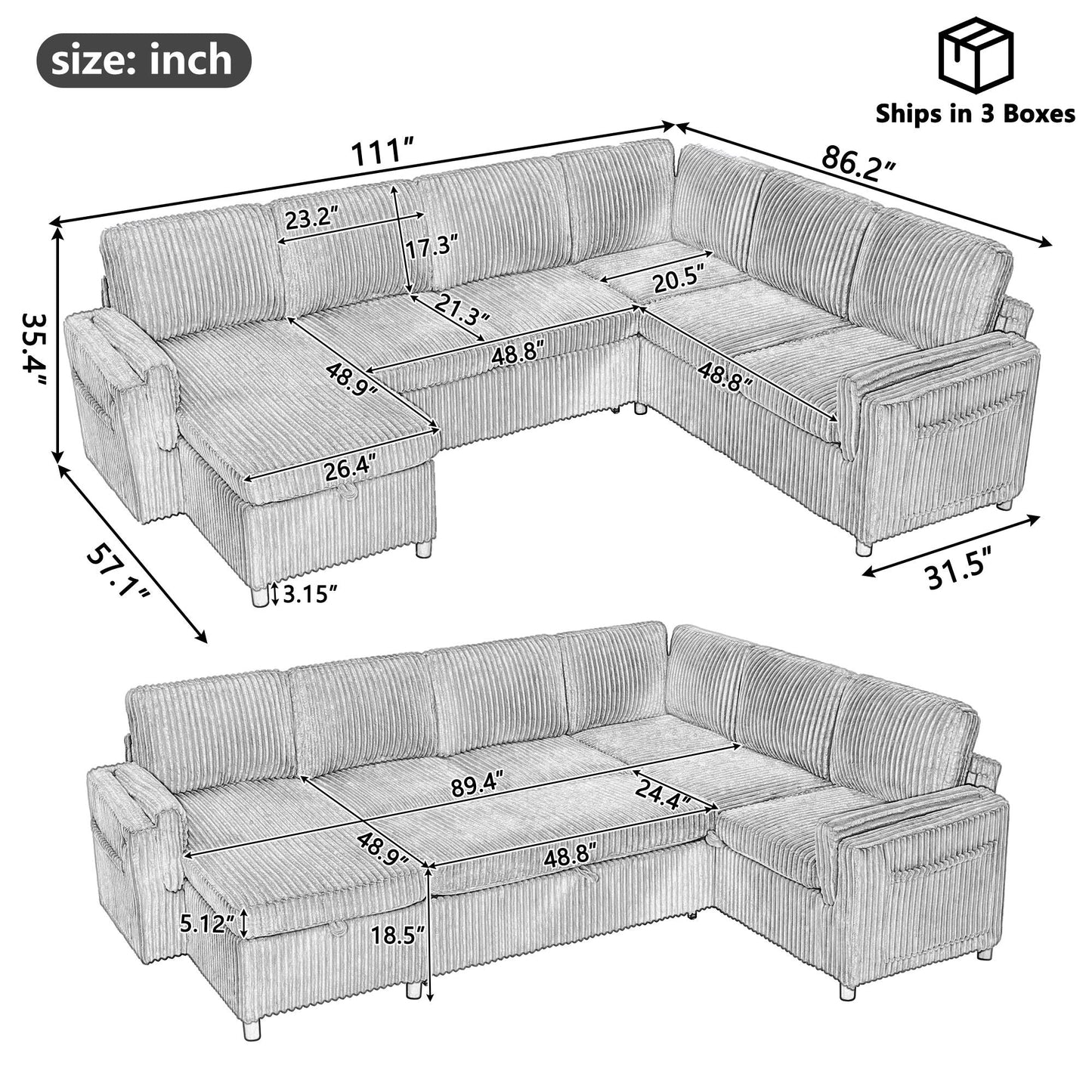 Convertible U-Shaped Sectional Sofa Bed With USB Ports And Storage Hearth and Haven
