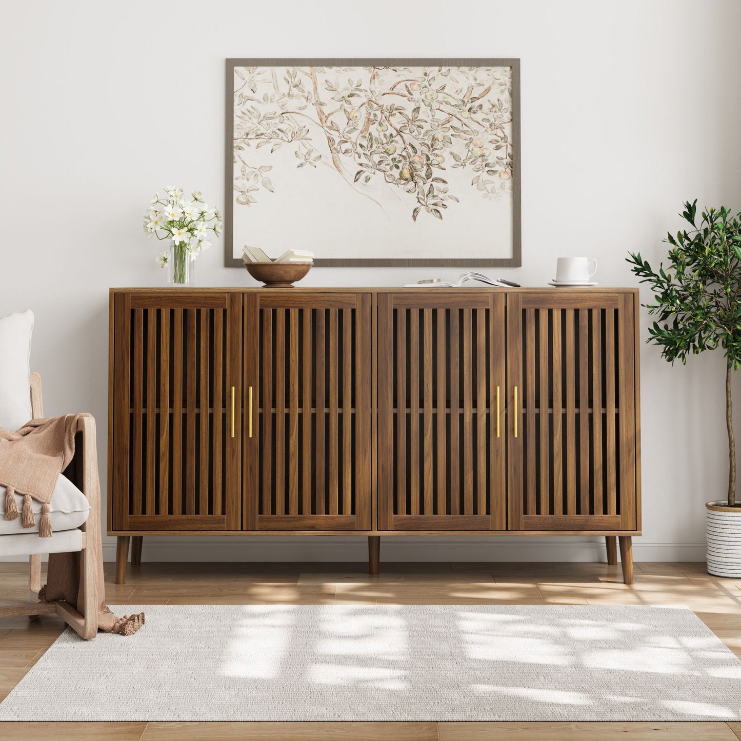 Grille Striped Sideboard Buffet Cabinet With Storage Home Essentials