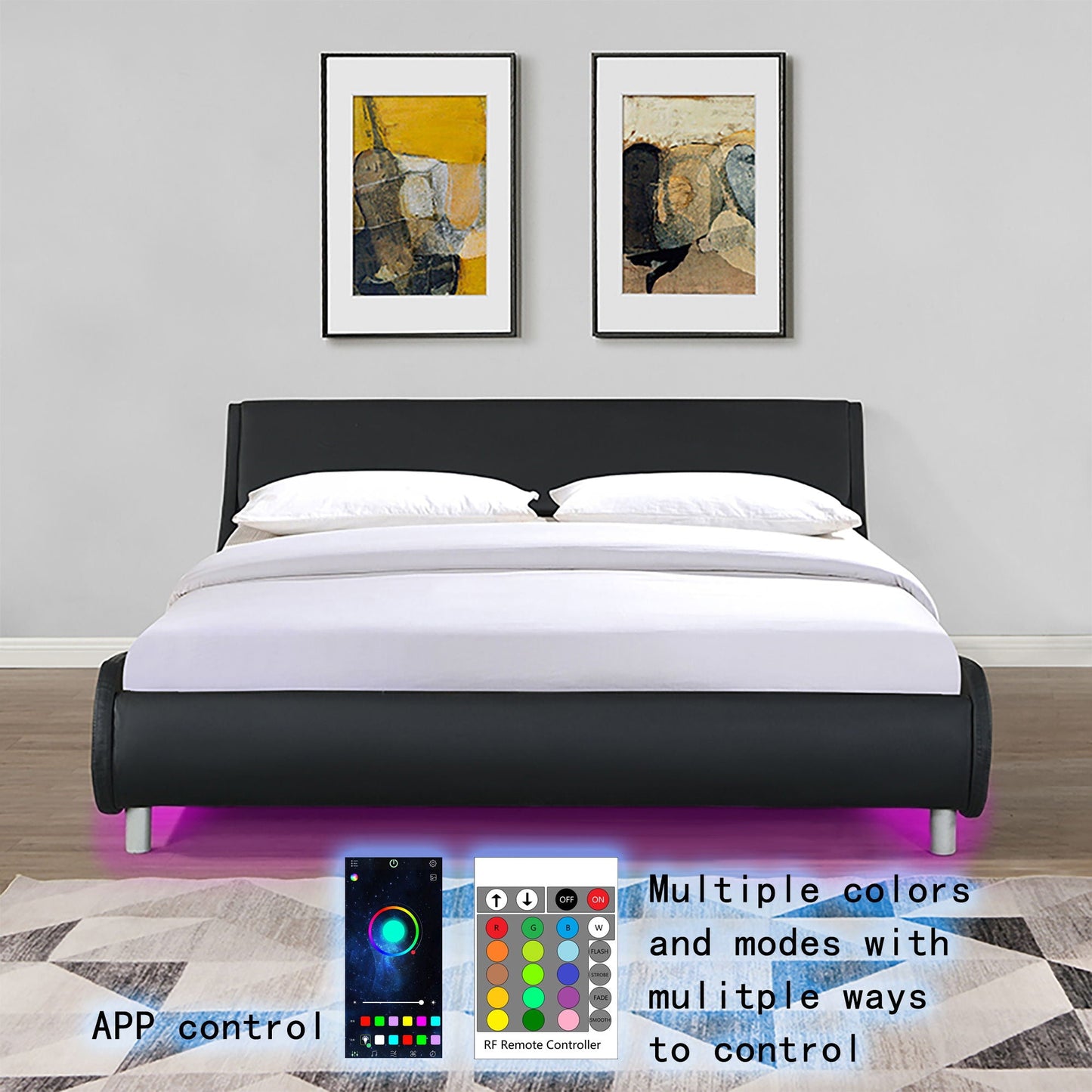 Queen Size Upholstered Platform Bed Frame, LED Lighting With Remote Controller And App, Curve Design, Wood Slat Support, No Box Spring Needed - Black Home Essentials