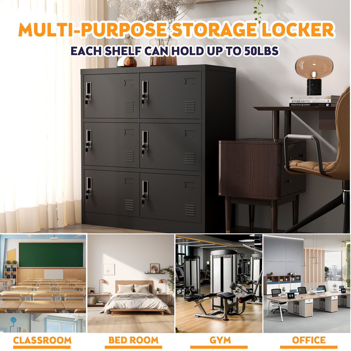6 Door Employee Storage Locker, Lockers For Office, Gym, School, And Home With Card Slot - Black Home Essentials