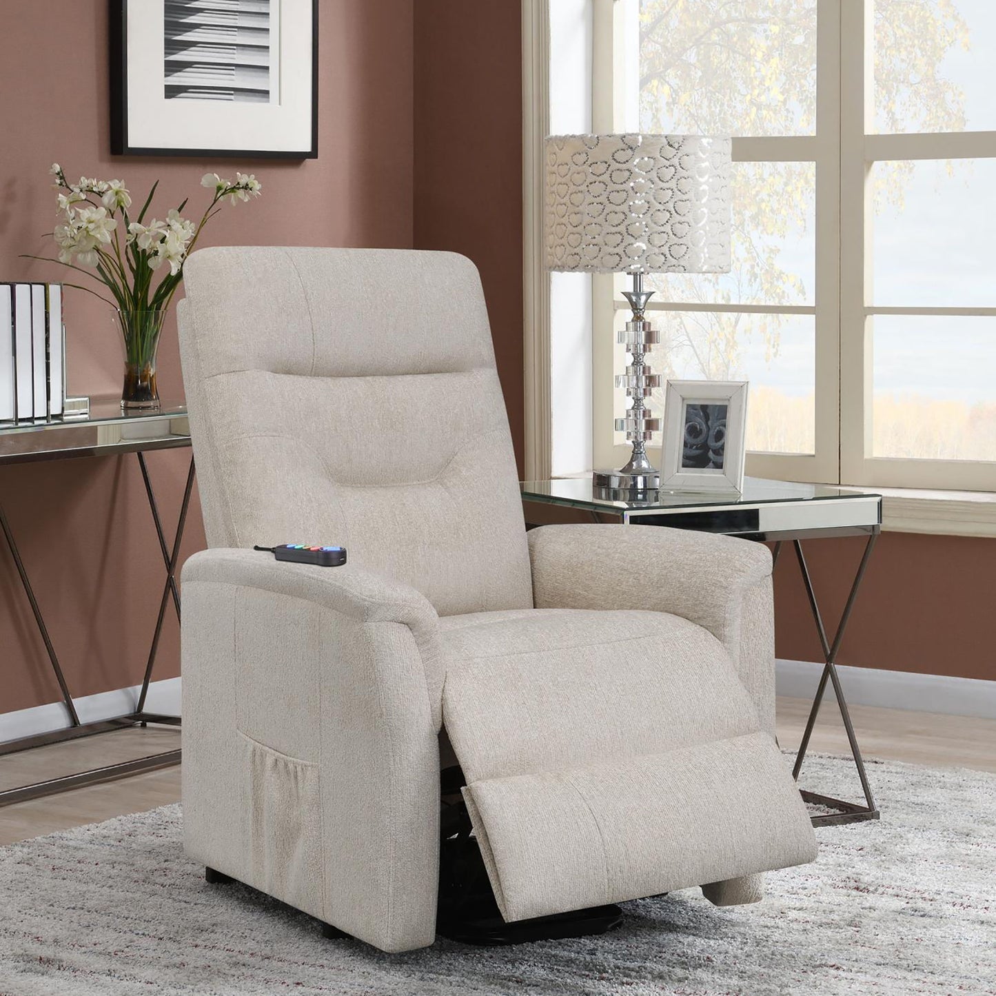 Upholstered Power Lift Recliner With Storage Pocket And USB Charging - Beige Furniture Max