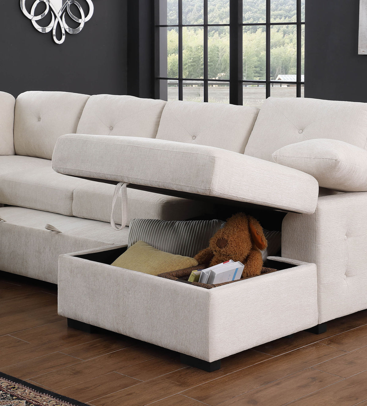 Nyhan - Upholstered Corner Sectional With Pull Out Loveseat And Storaged Chaise - Beige Urban Retreats