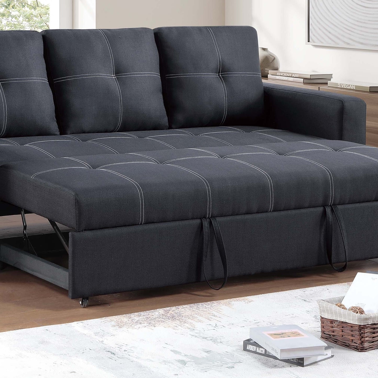 Sectional Sofa Pull Out Bed Upholstered Tufted Convertible Couch - Black Home Essentials