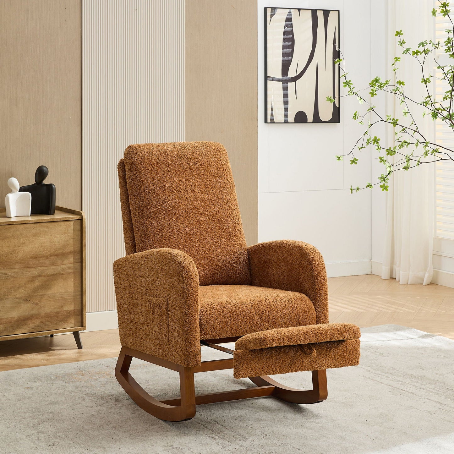 High Back Glider Rocking Chair With Retractable Footrest And Rubber Wood Legs Home Essentials