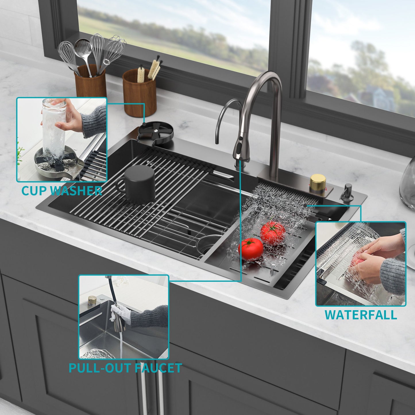 Waterfall Kitchen Sink With Pull Out Faucet & Cup Washer Daily Nest