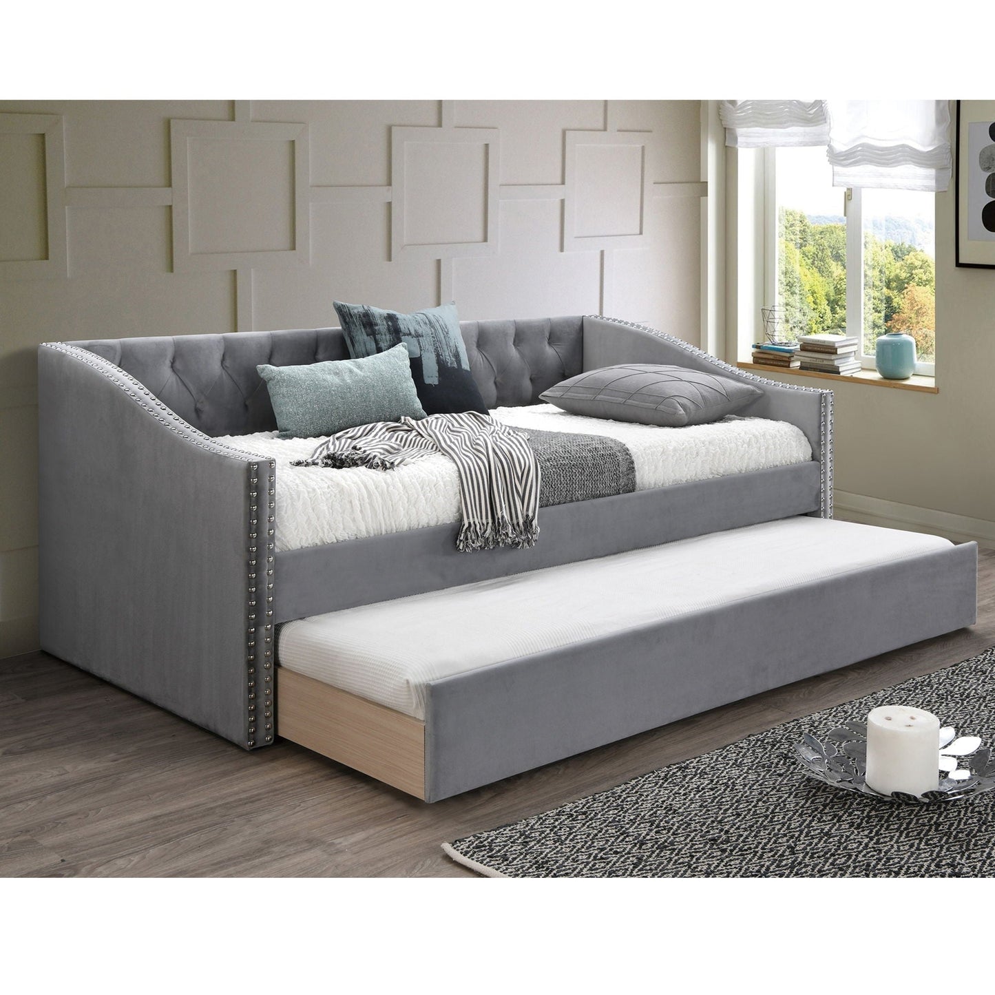 Daybed With Button Tufted Nailhead Trim And Trundle Slat Storage - Gray Home Essentials
