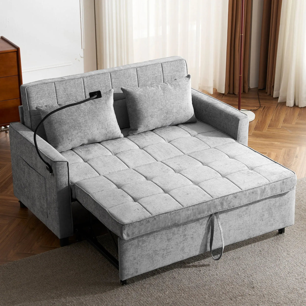 Pull-Out Sleeper Sofa With Reversible Backrest Cushion, Side Pockets, 2 USB Ports And A Phone Holder For Living Room Hearth and Haven