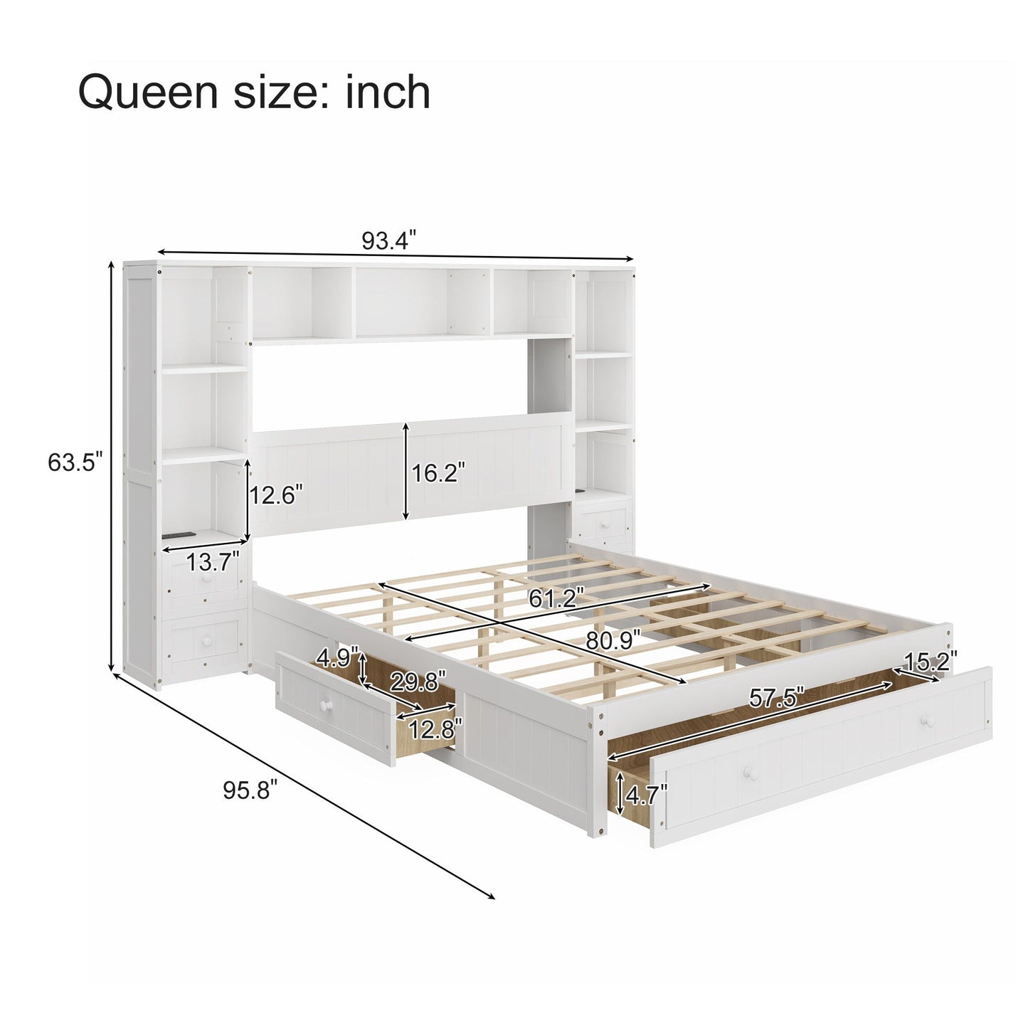 Platform Bed With All In One 2 Nightstand, Storage Shelf And Cabinet Bookcase With 2 Charging Stations Hearth and Haven